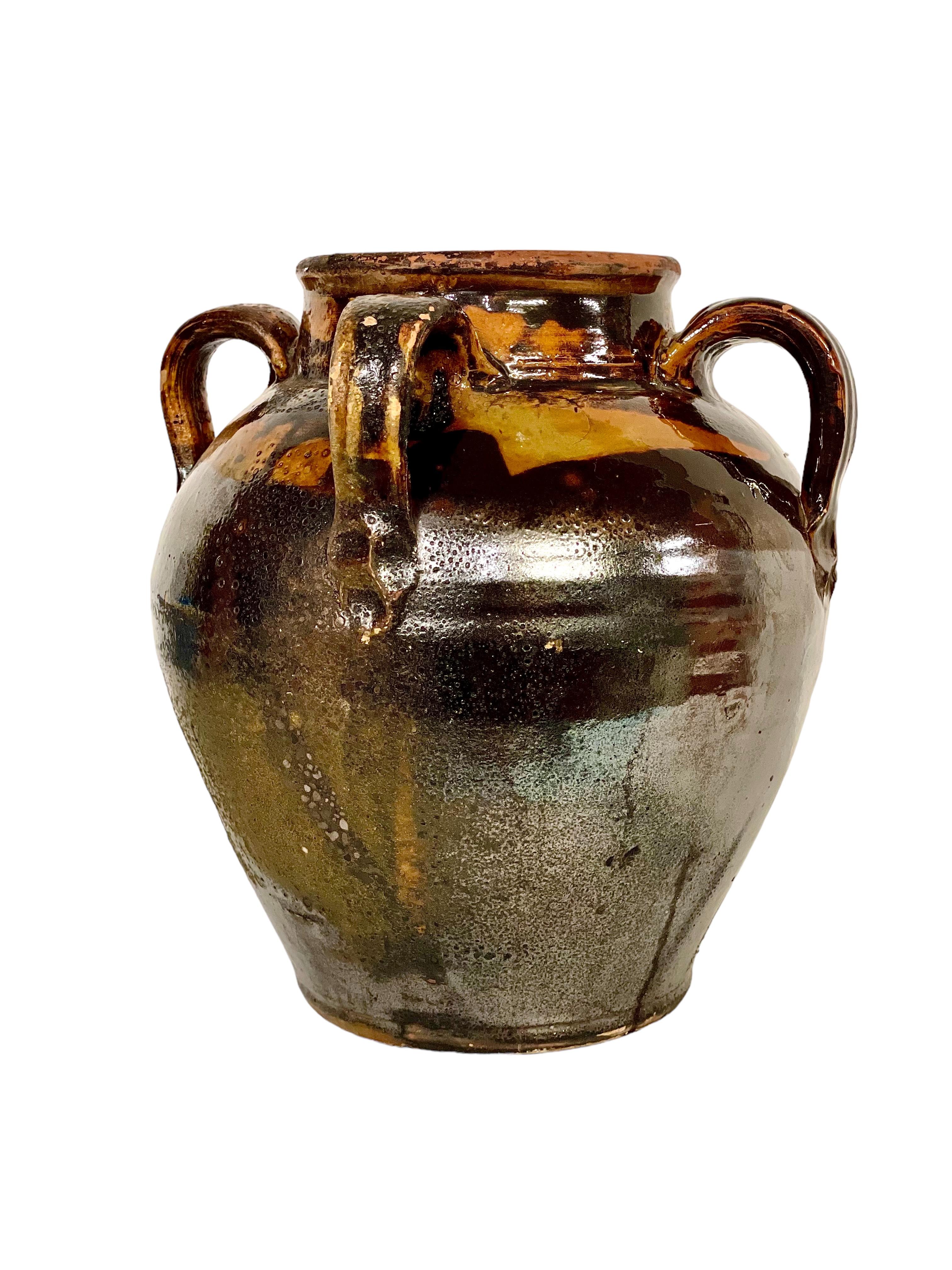 19th C. Brown and Yellow Glazed Oil Jar For Sale 1