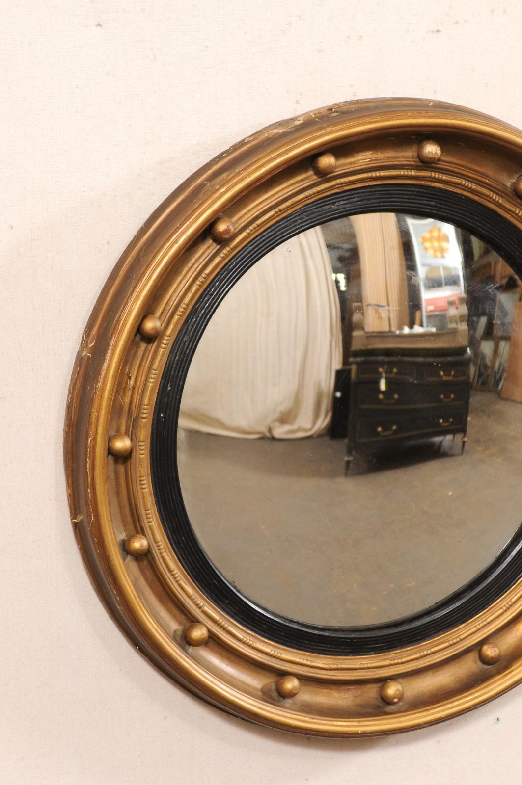 American 19th C. Bulls-Eye Mirror w/Convex Center, Black & Bronze For Sale