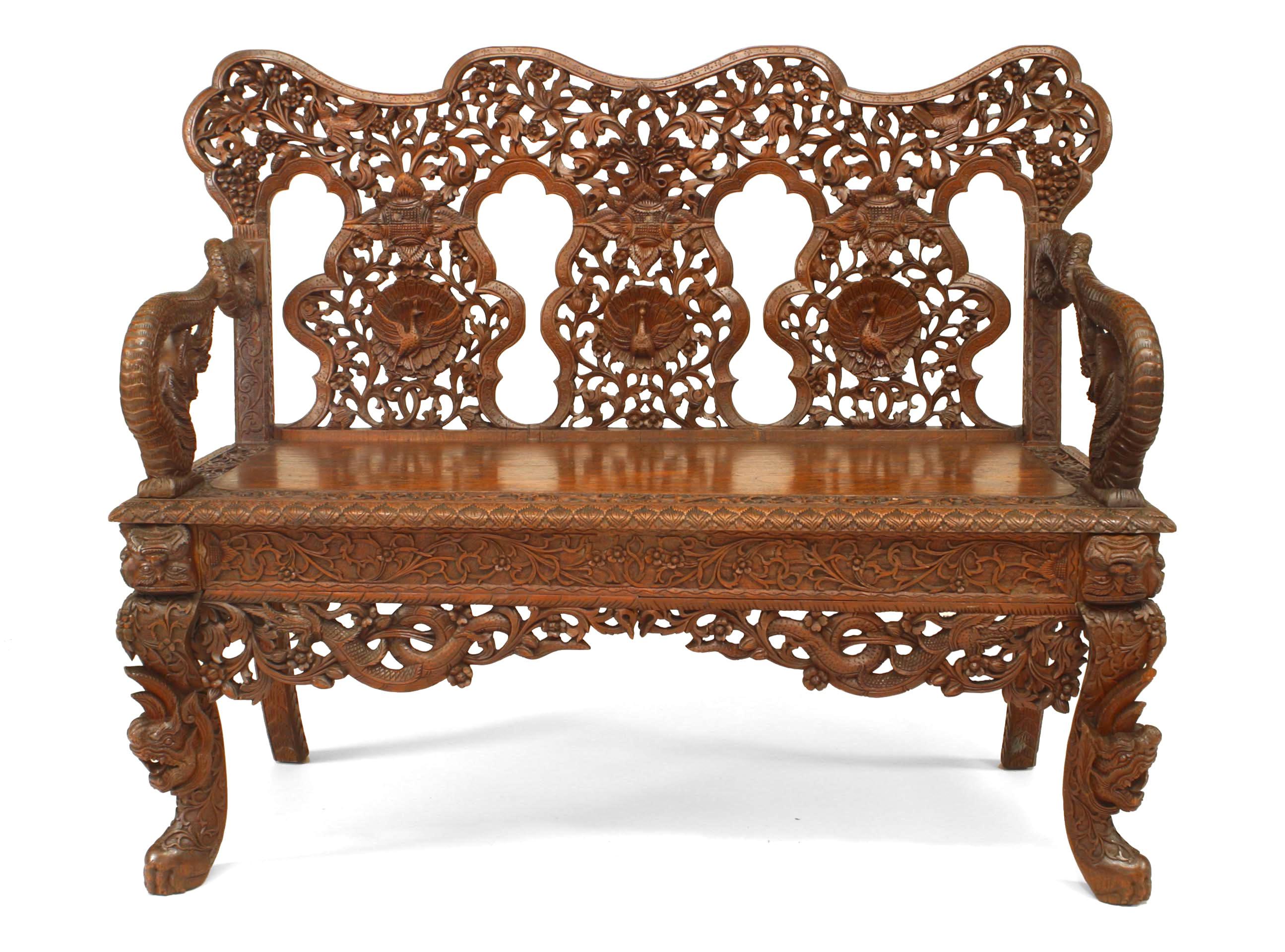 Burmese style (19th Cent) carved teak triple filigree back loveseat with dragon arms.