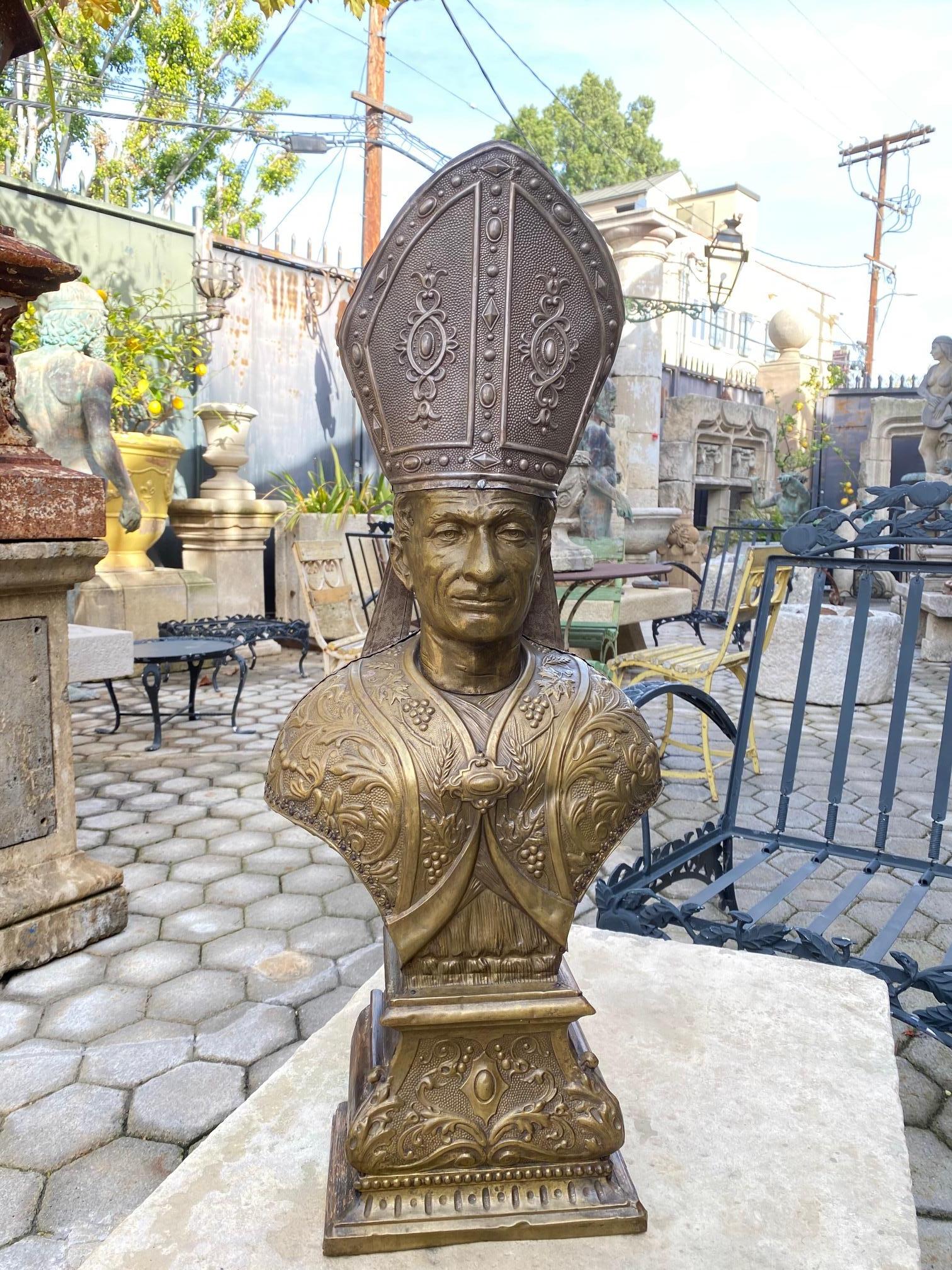 Bust Pope Gilt Metal Bust on Hand Carved Wood Base Sculpture Antique Dealer LA For Sale 1