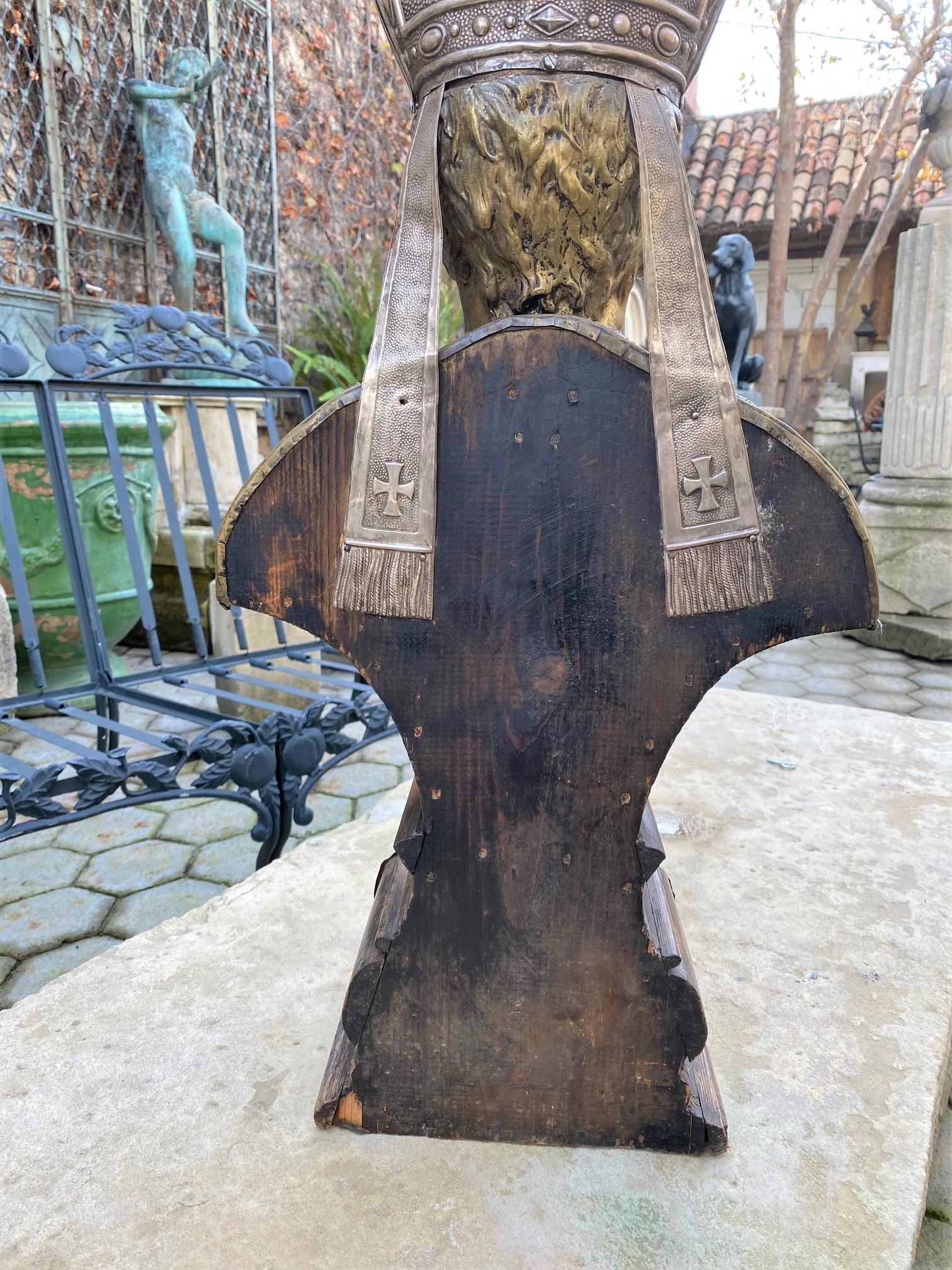 Bust Pope Gilt Metal Bust on Hand Carved Wood Base Sculpture Antique Dealer LA For Sale 6