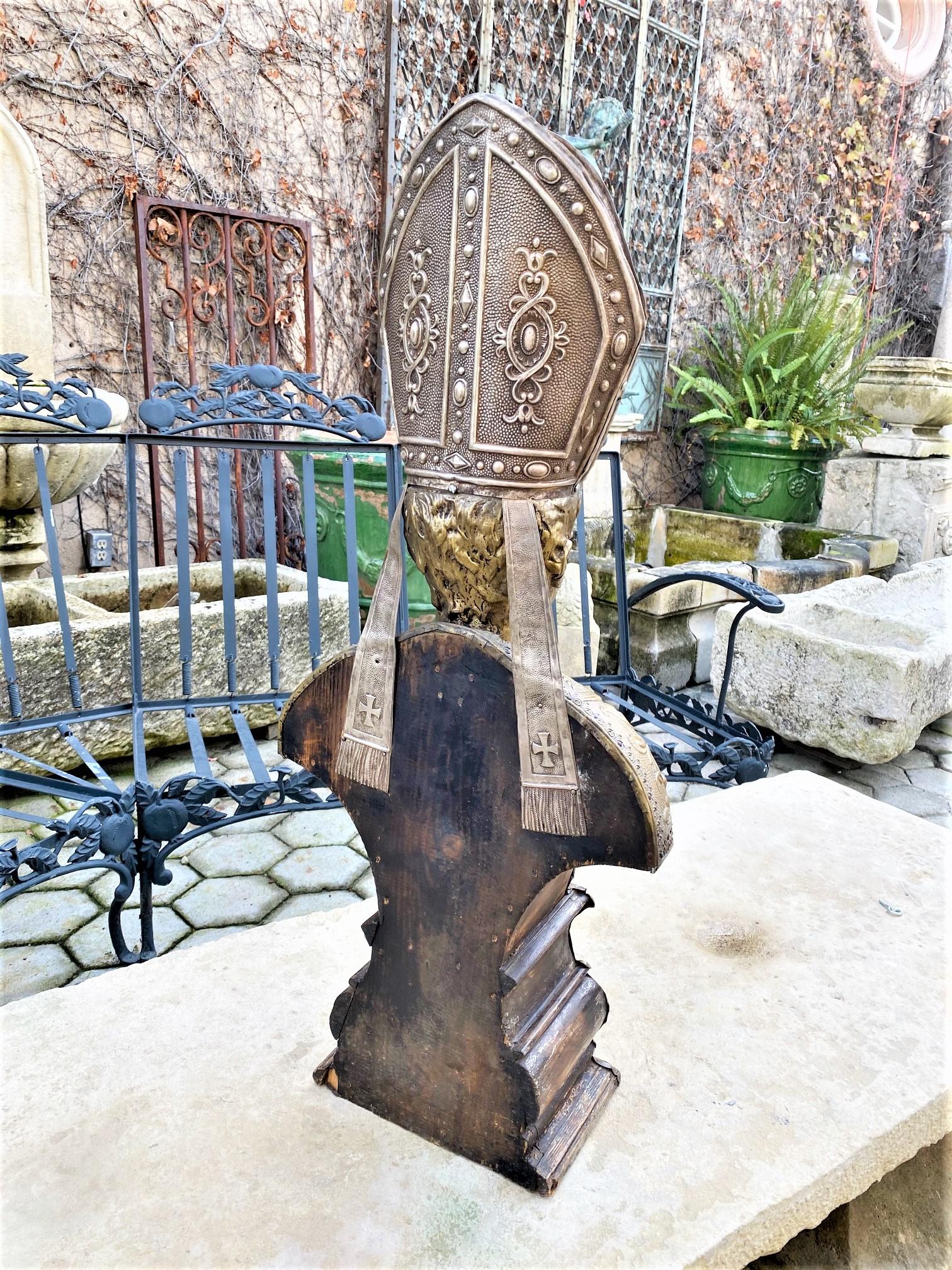 European Bust Pope Gilt Metal Bust on Hand Carved Wood Base Sculpture Antique Dealer LA For Sale