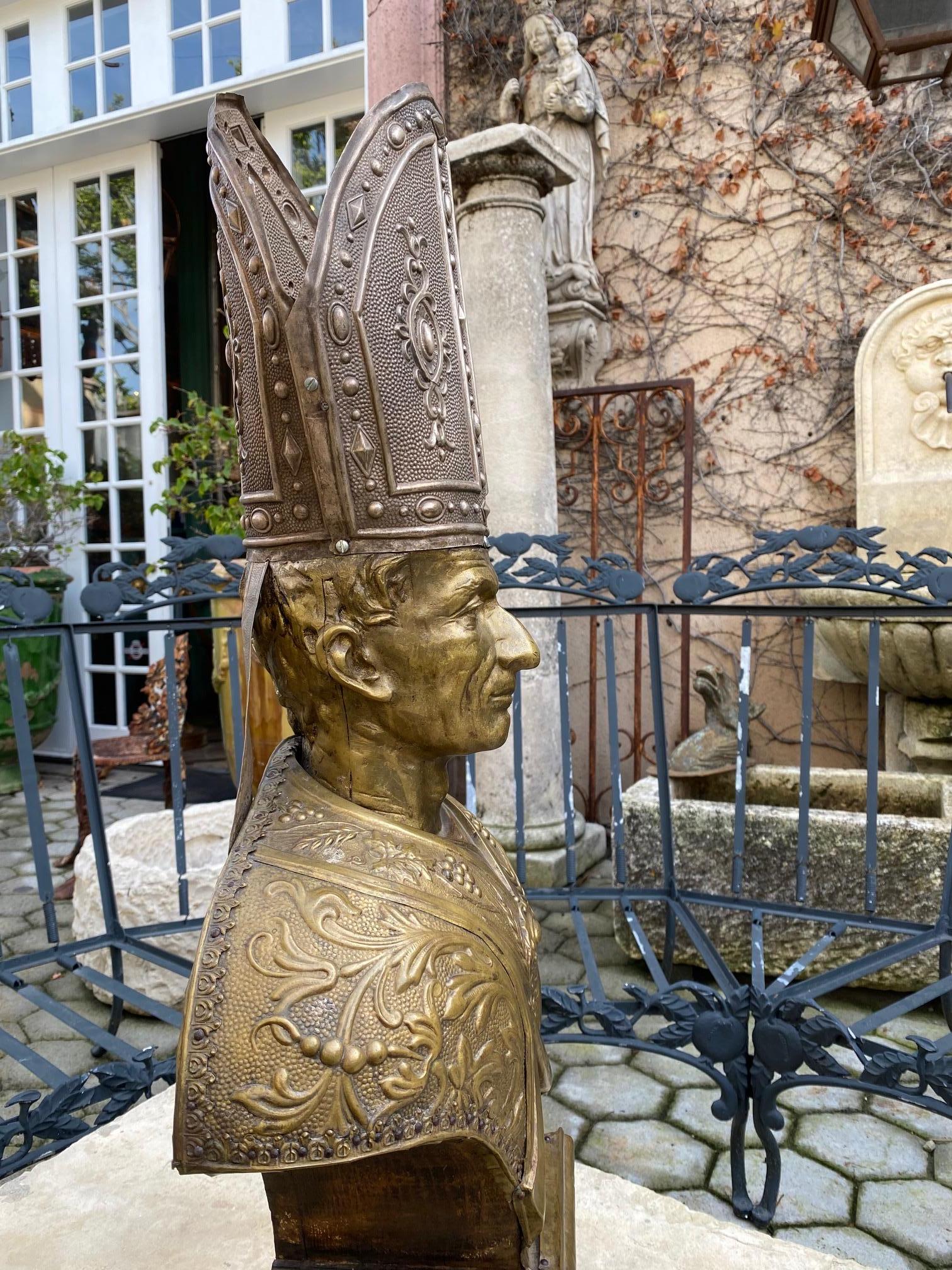 Hand-Carved Bust Pope Gilt Metal Bust on Hand Carved Wood Base Sculpture Antique Dealer LA For Sale