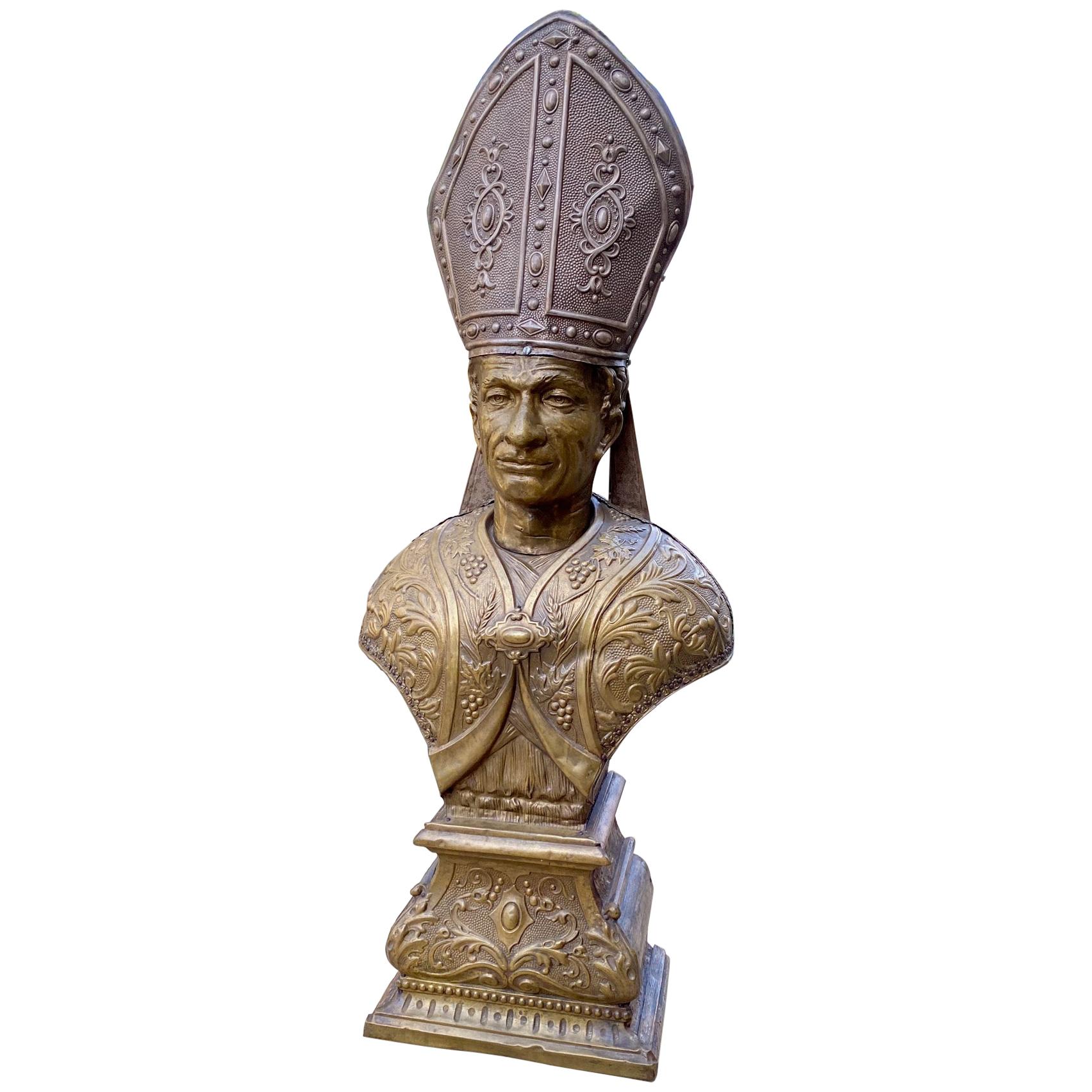 Bust Pope Gilt Metal Bust on Hand Carved Wood Base Sculpture Antique Dealer LA For Sale