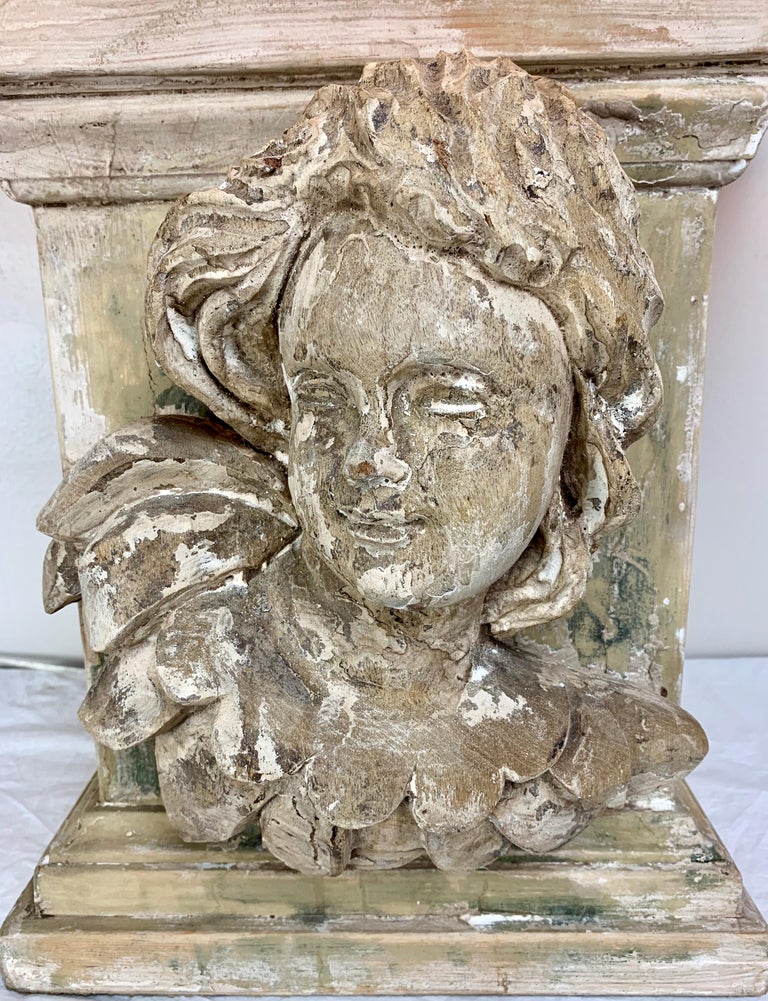19th Century Carved Cherub Face Lamp with Custom Parchment Shade For