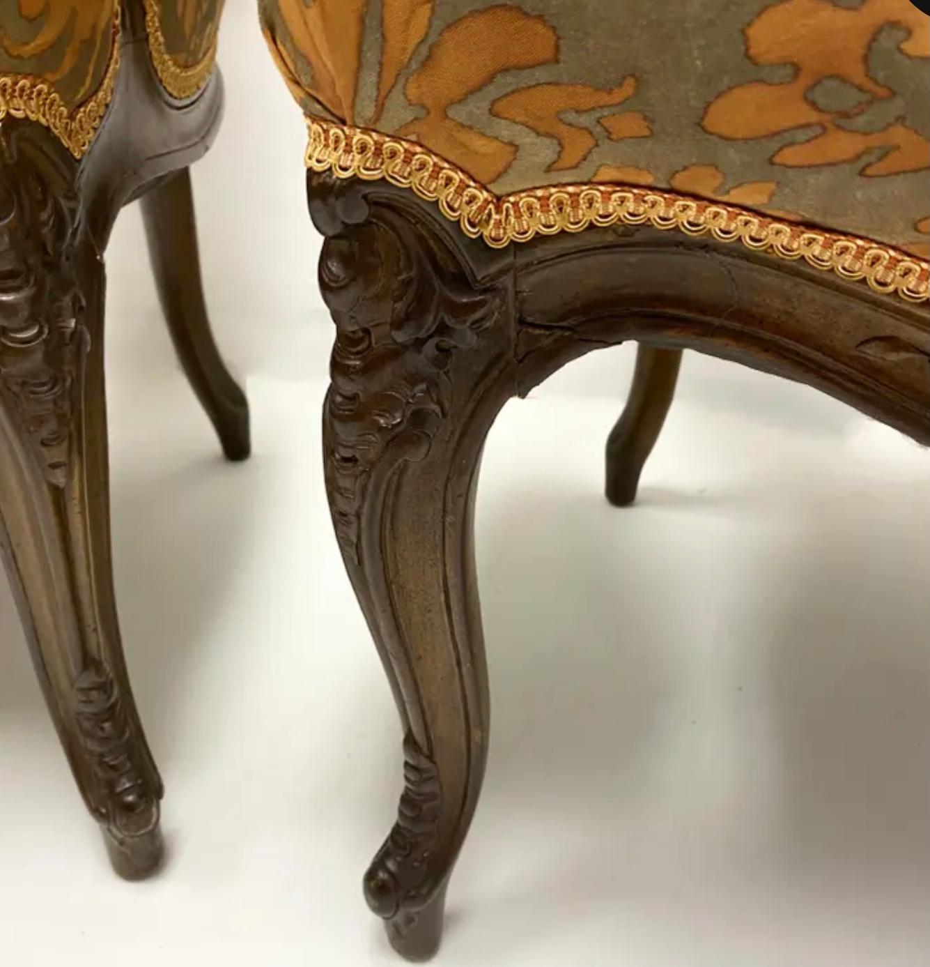 19th-C Carved French Bergere Chairs in Silk Fortuny Fabric, Pair In Good Condition In Kennesaw, GA