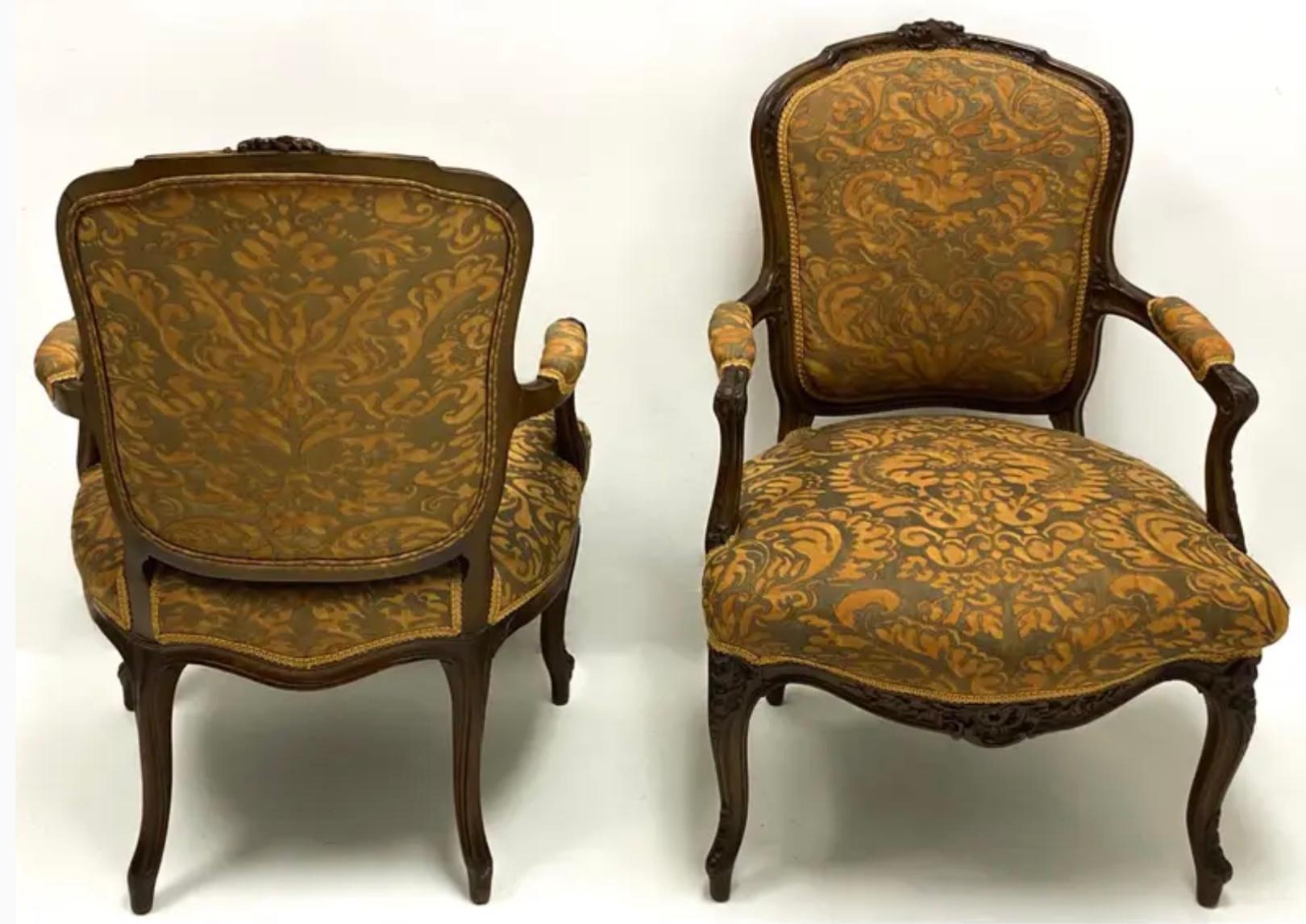 19th Century 19th-C Carved French Bergere Chairs in Silk Fortuny Fabric, Pair
