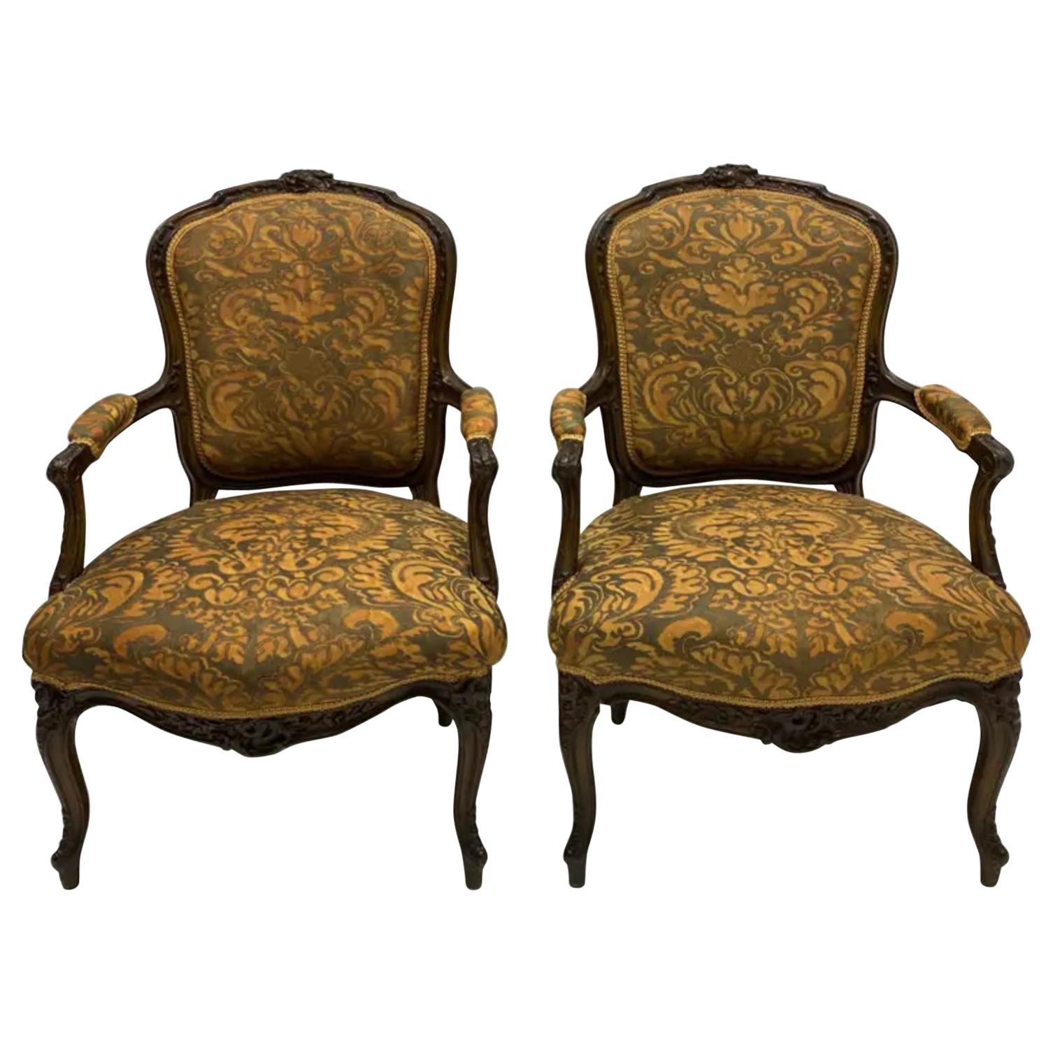 19th-C Carved French Bergere Chairs in Silk Fortuny Fabric, Pair