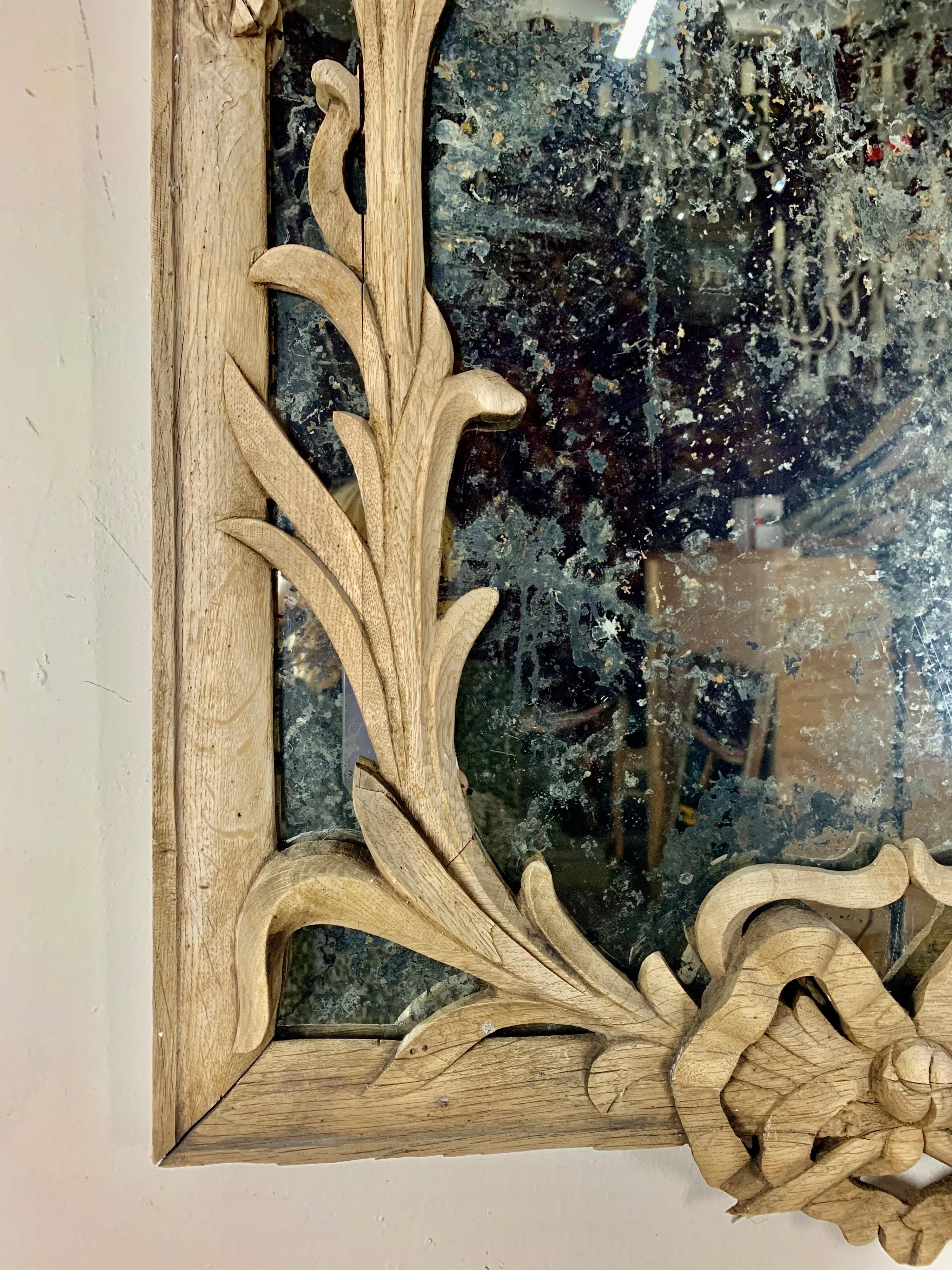 19th Century Carved French Bleached Walnut Mirror In Distressed Condition In Los Angeles, CA
