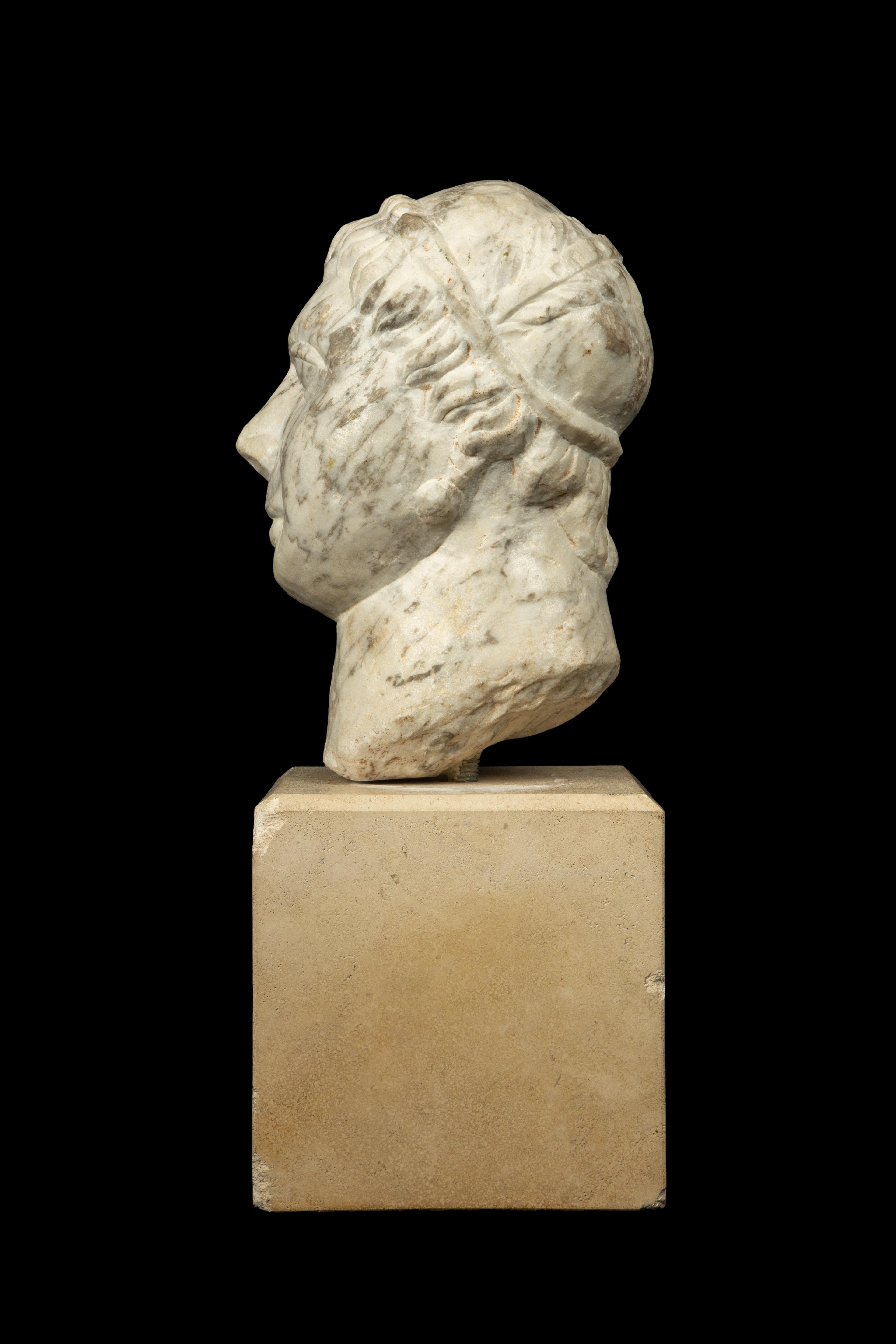 Classical Greek 19th C. Carved Head of a Man in the Antique Style, Wearing a Crown of Laurels