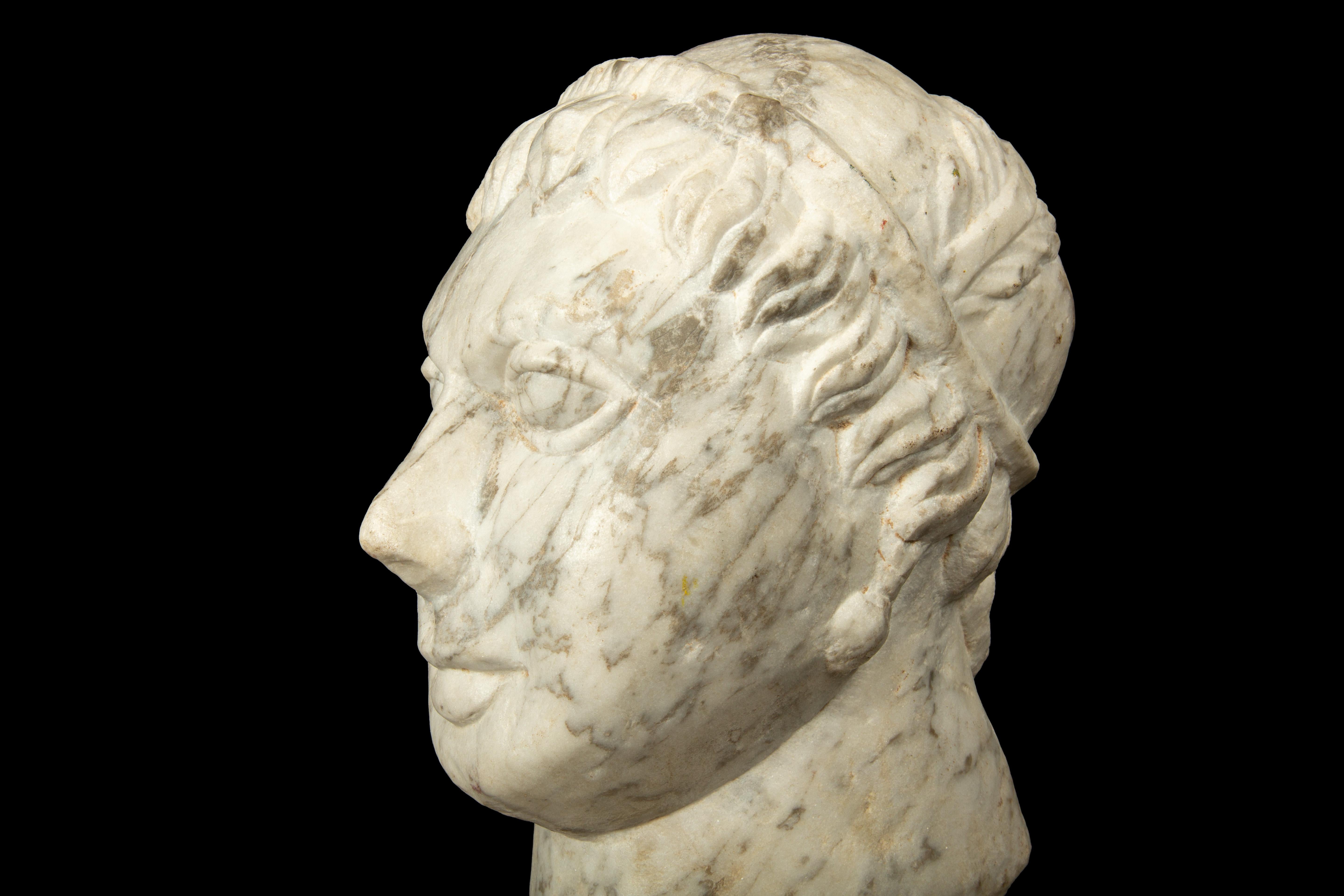 French 19th C. Carved Head of a Man in the Antique Style, Wearing a Crown of Laurels