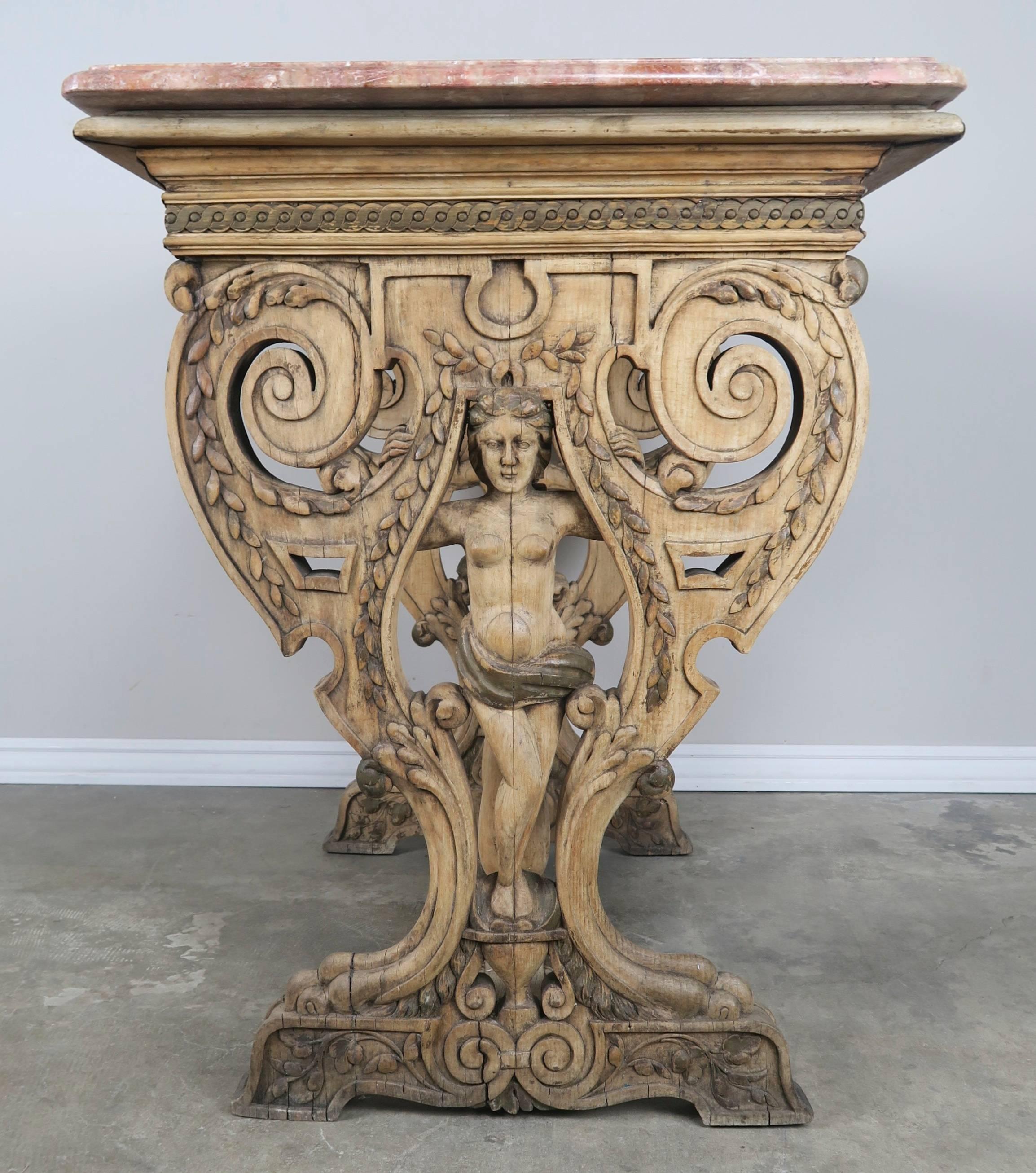 19th Century Carved Italian Walnut Figural Marble-Top Table 6