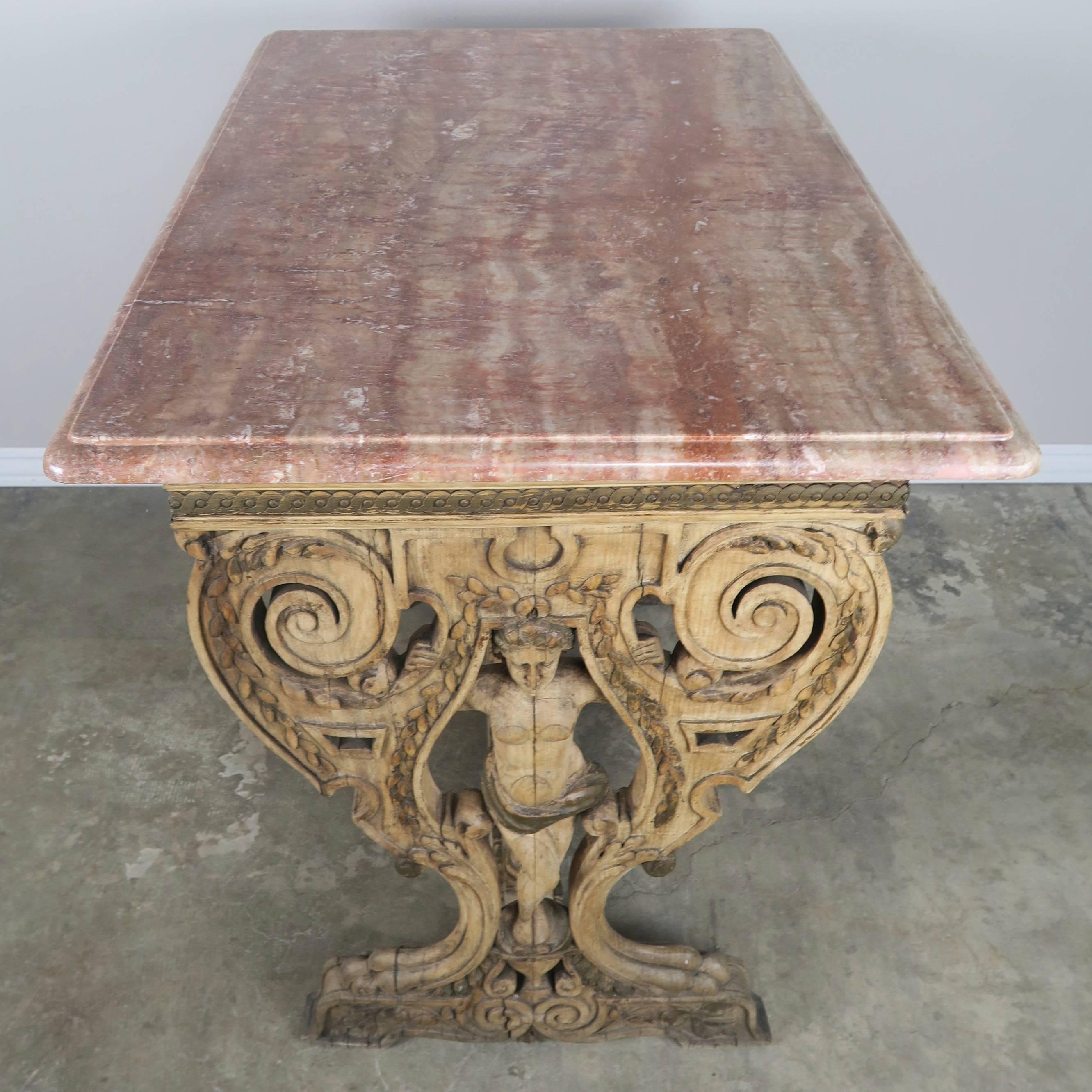 19th Century Carved Italian Walnut Figural Marble-Top Table 5