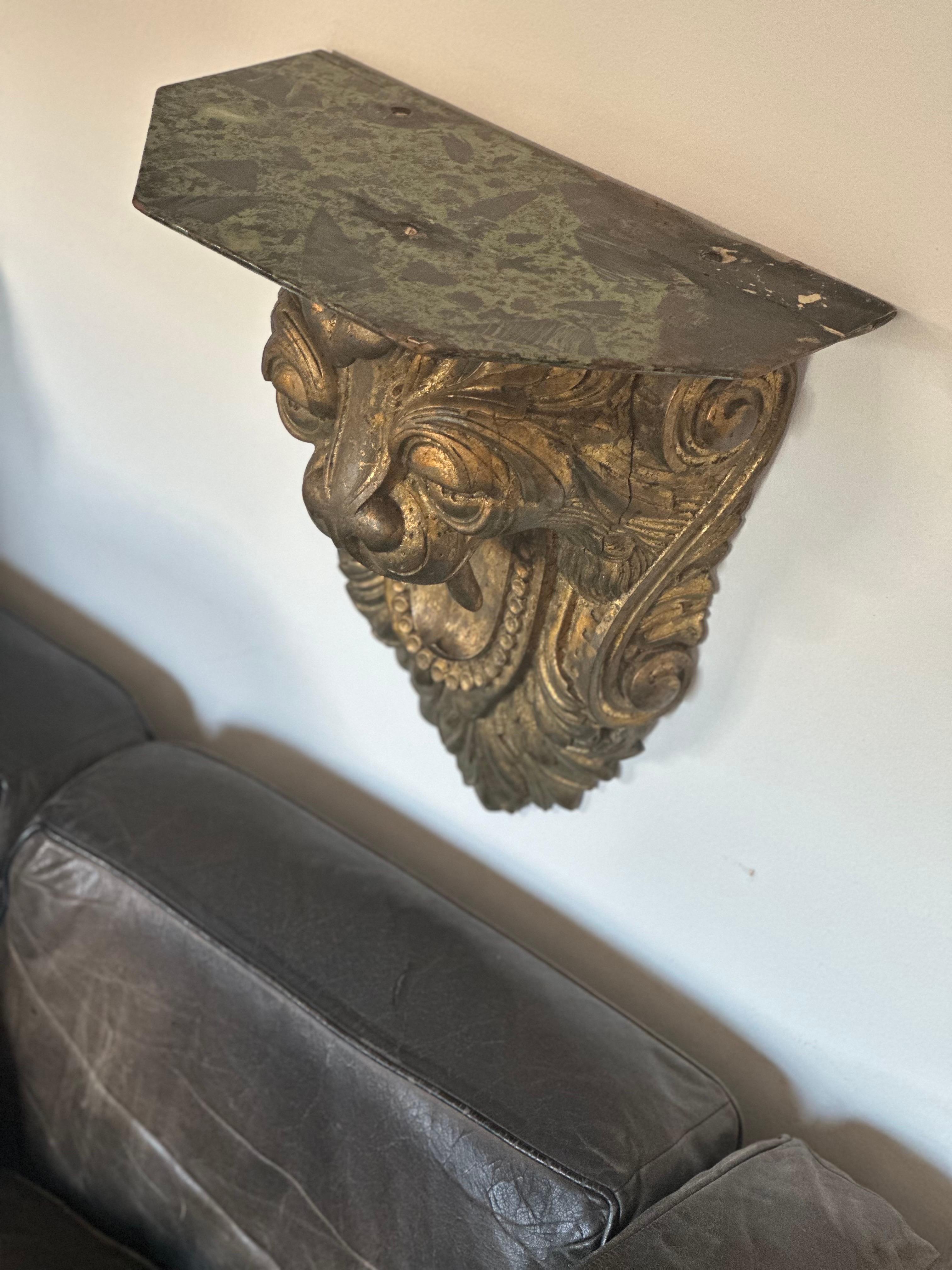 19th C Carved Lion wall shelf  In Good Condition For Sale In Hudson, NY