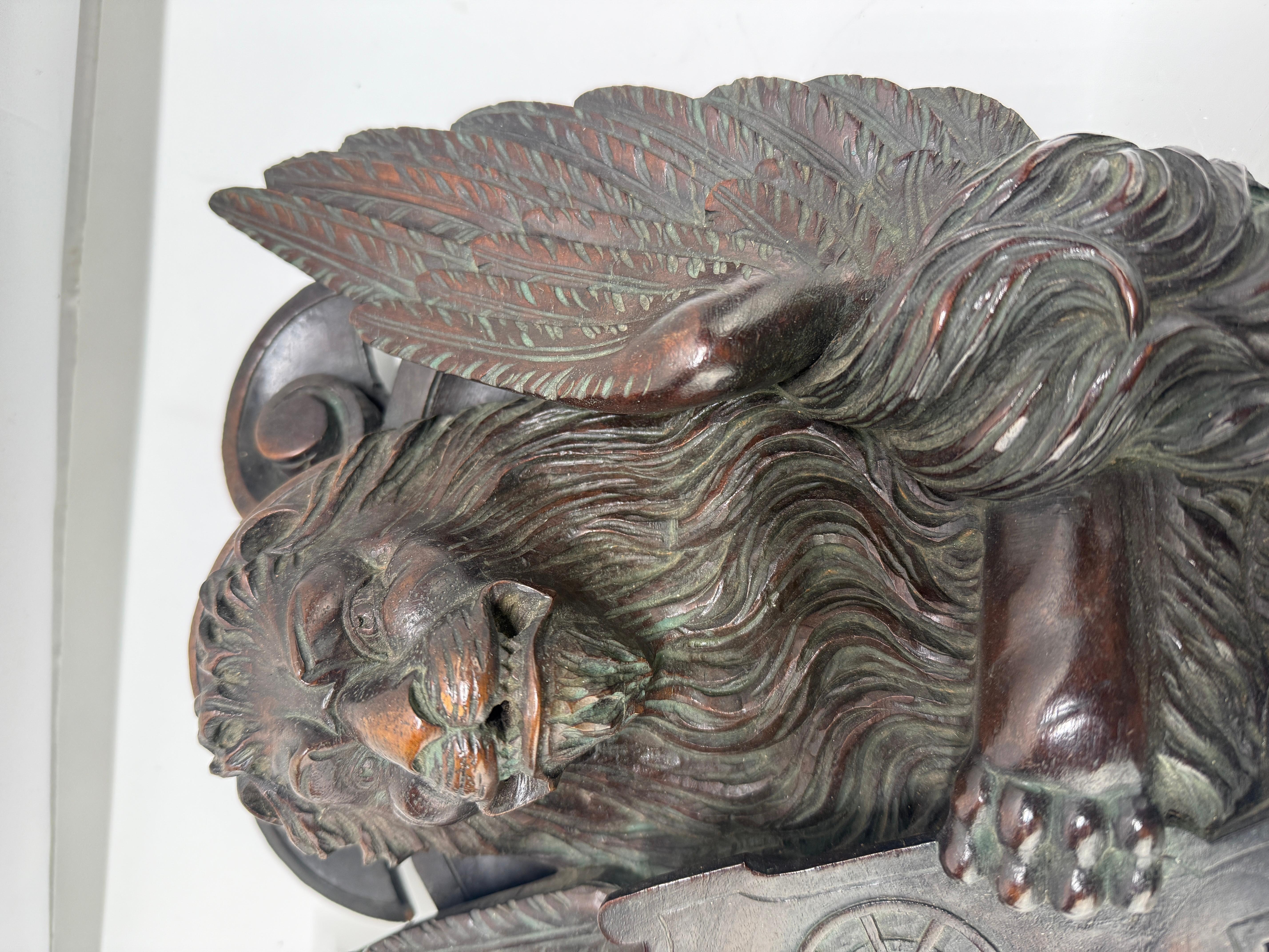 19th C Carved Mahogany Relief of the Lion of Saint Mark Wheel of Saint Catherine For Sale 6