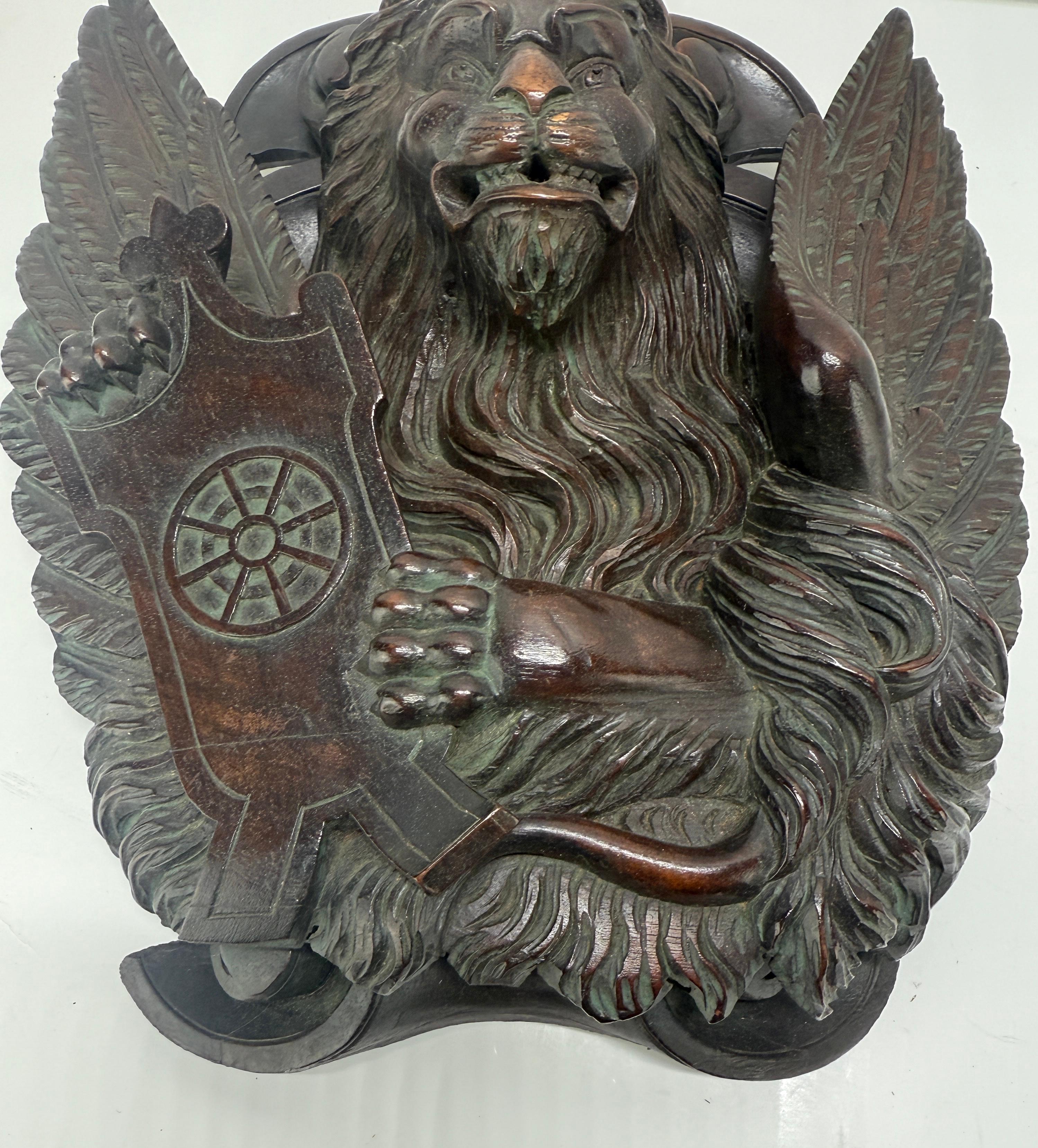 19th C Carved Mahogany Relief of the Lion of Saint Mark Wheel of Saint Catherine For Sale 7