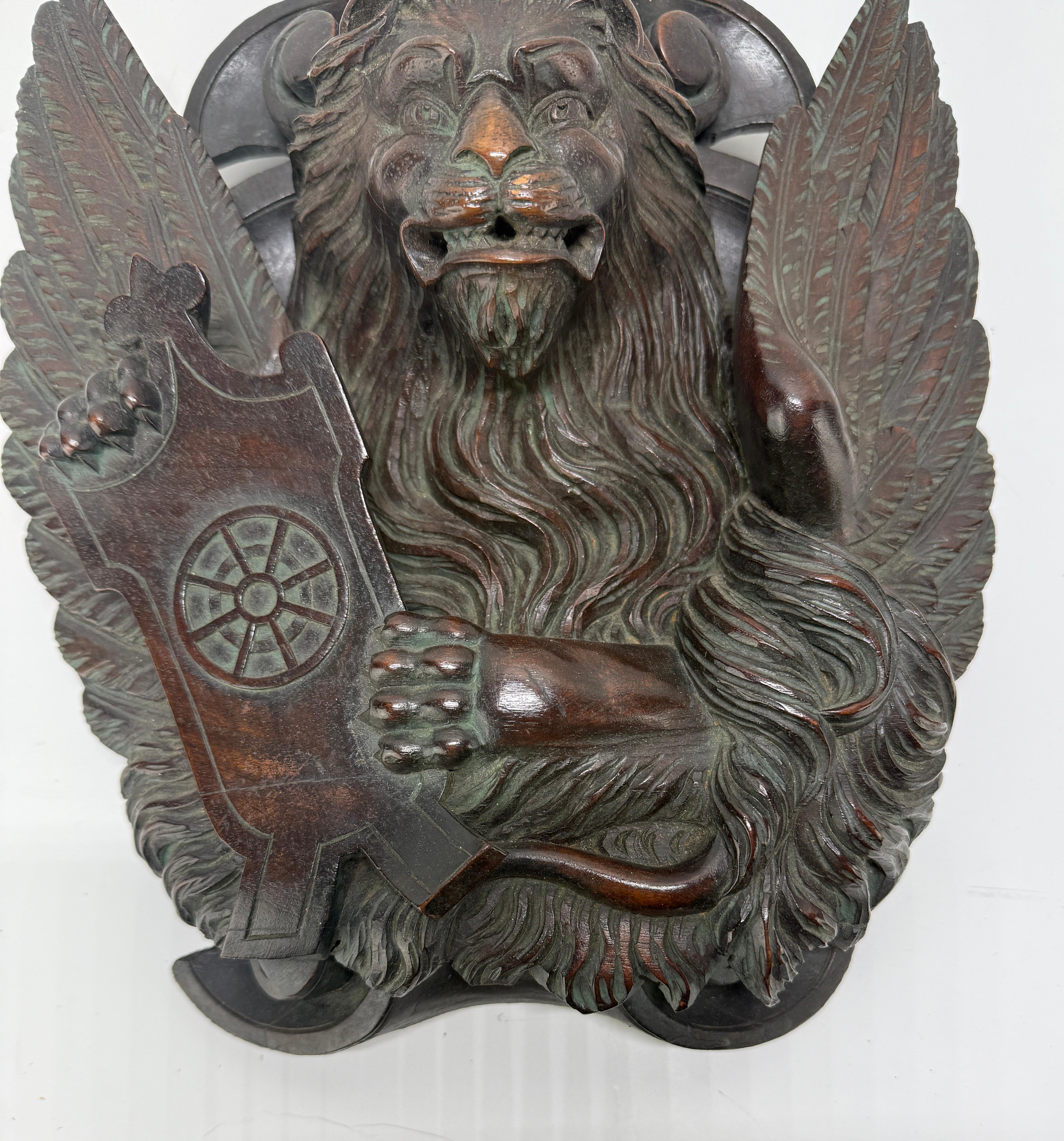 Renaissance Revival 19th C Carved Mahogany Relief of the Lion of Saint Mark Wheel of Saint Catherine For Sale