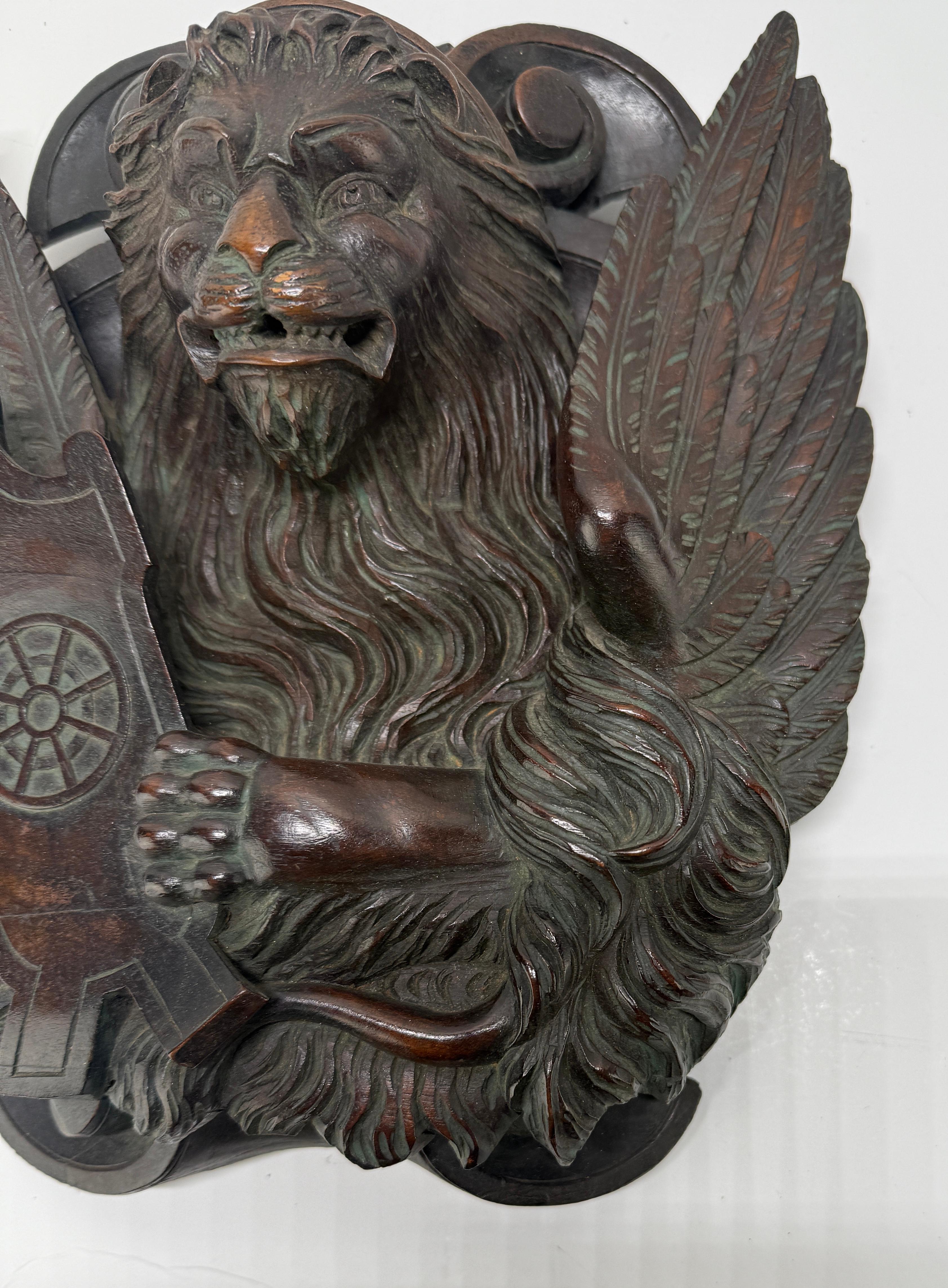British 19th C Carved Mahogany Relief of the Lion of Saint Mark Wheel of Saint Catherine For Sale
