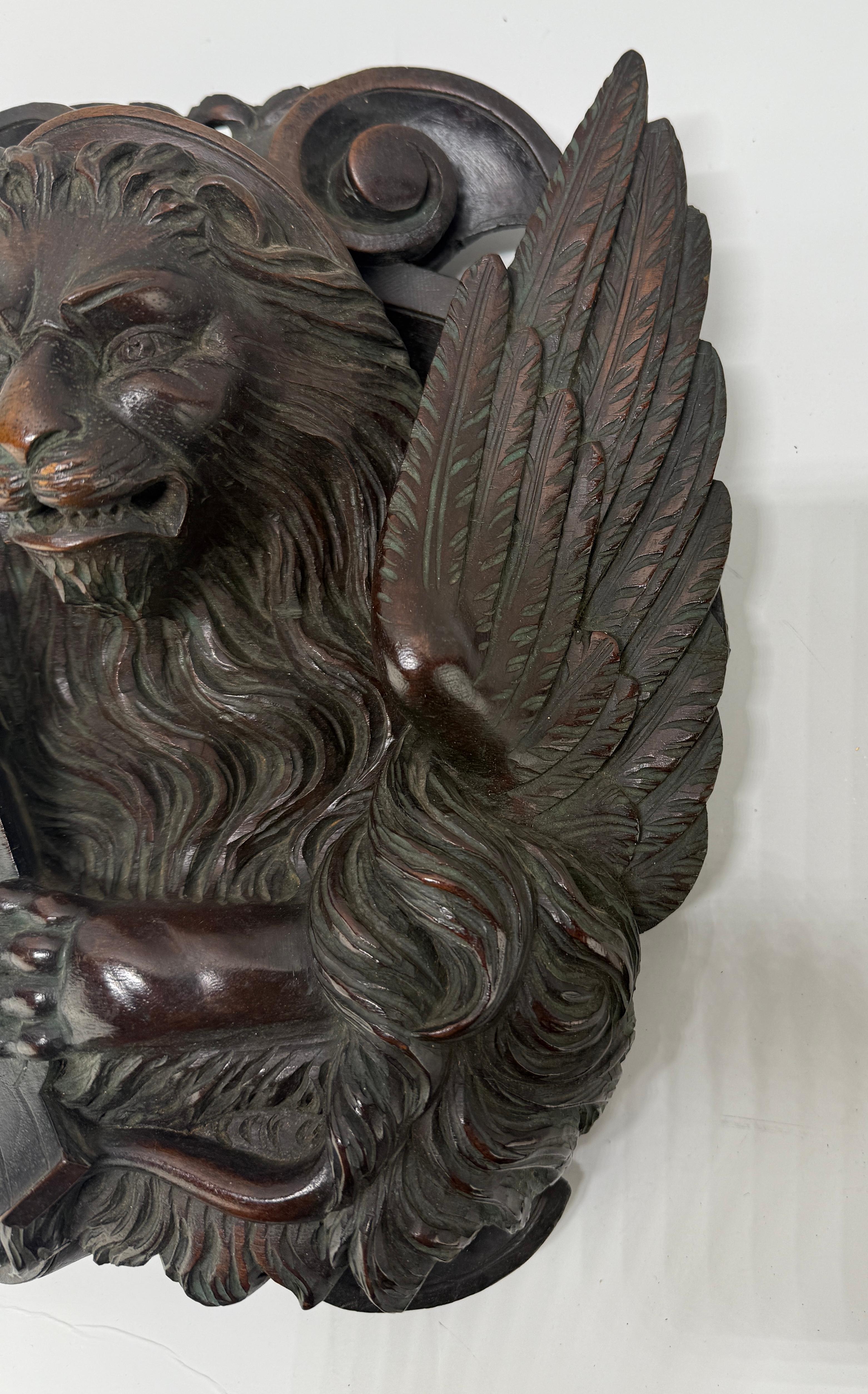 19th C Carved Mahogany Relief of the Lion of Saint Mark Wheel of Saint Catherine In Good Condition For Sale In Atlanta, GA