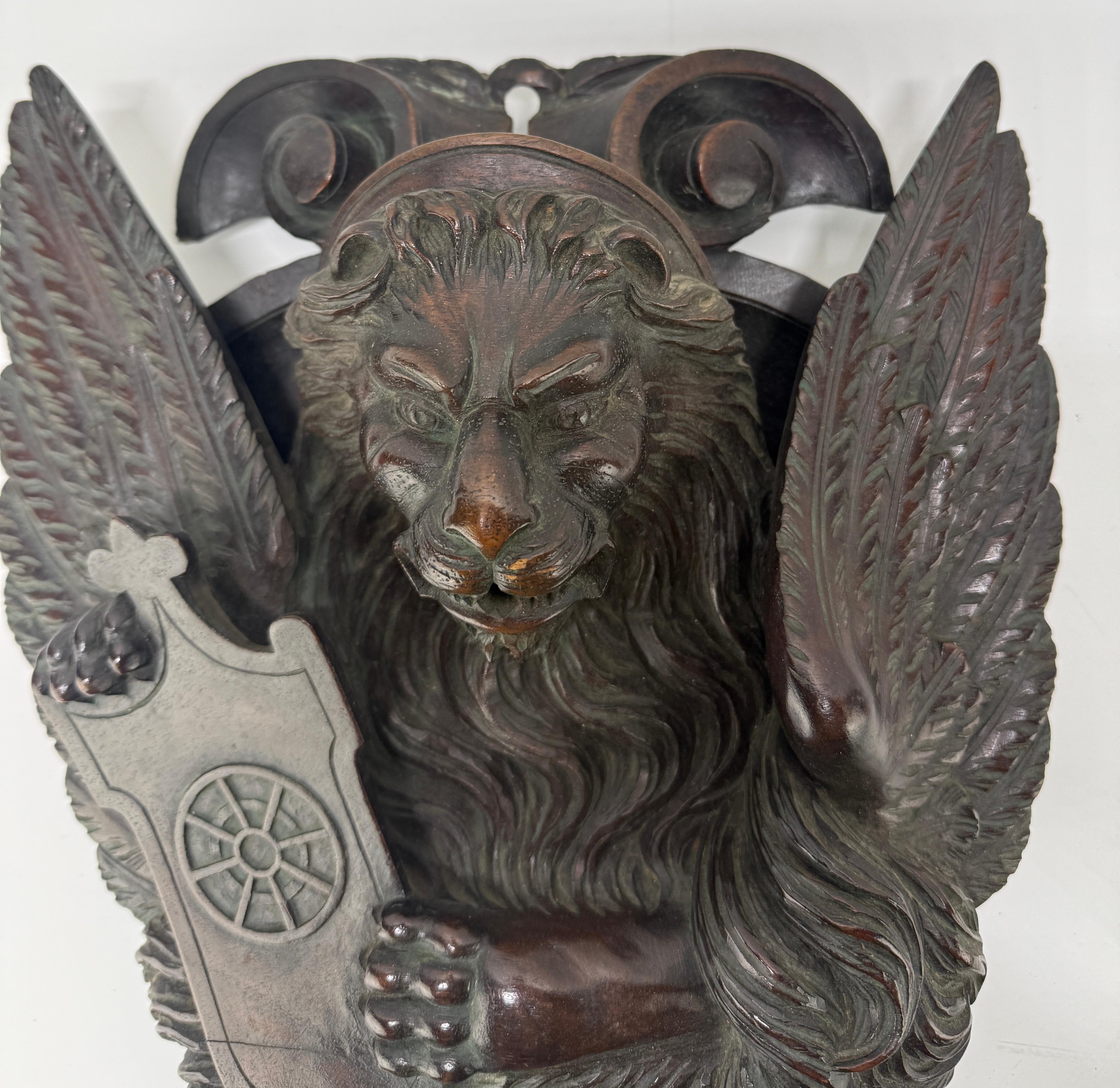 19th Century 19th C Carved Mahogany Relief of the Lion of Saint Mark Wheel of Saint Catherine For Sale