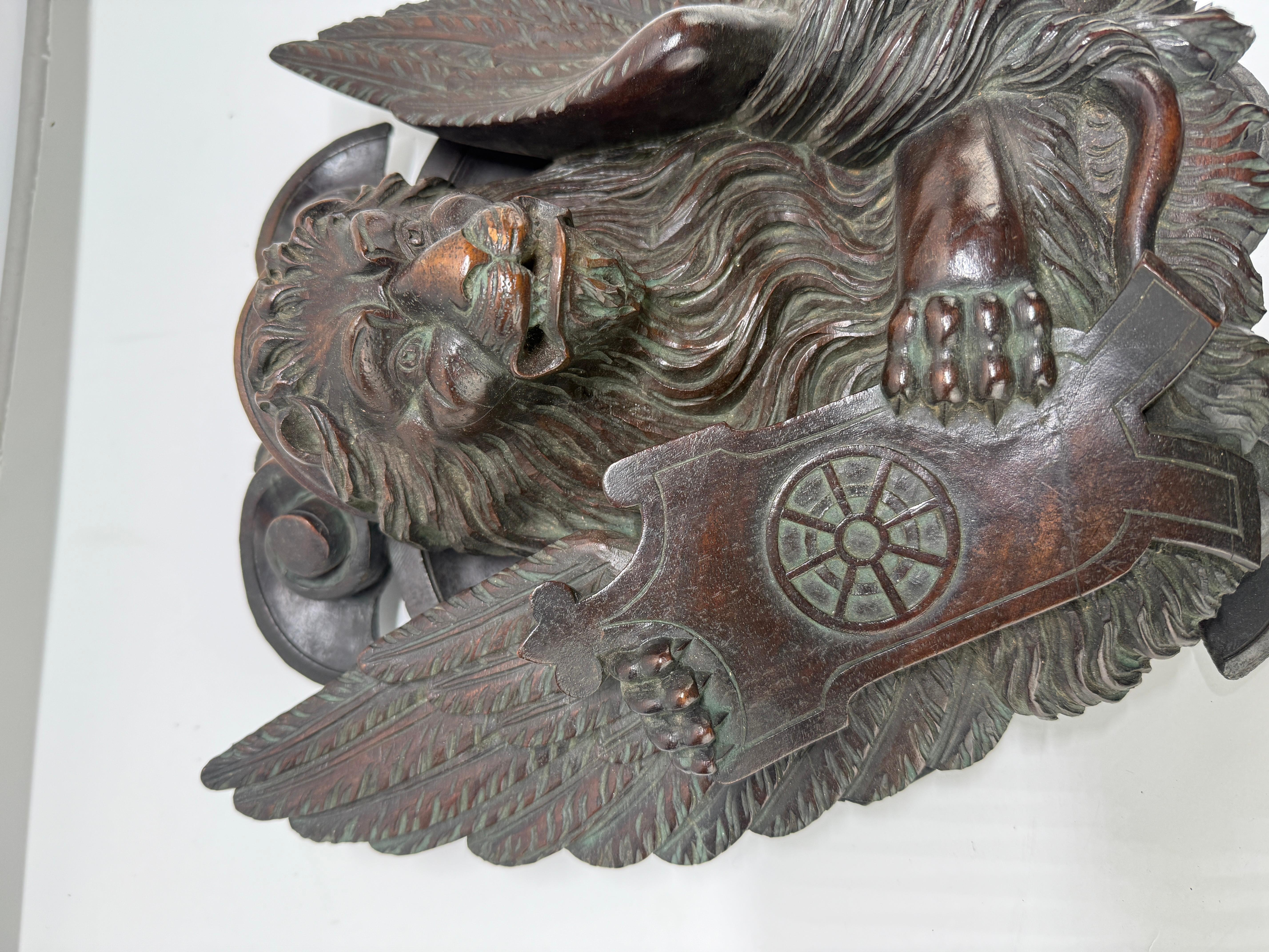 19th C Carved Mahogany Relief of the Lion of Saint Mark Wheel of Saint Catherine For Sale 1