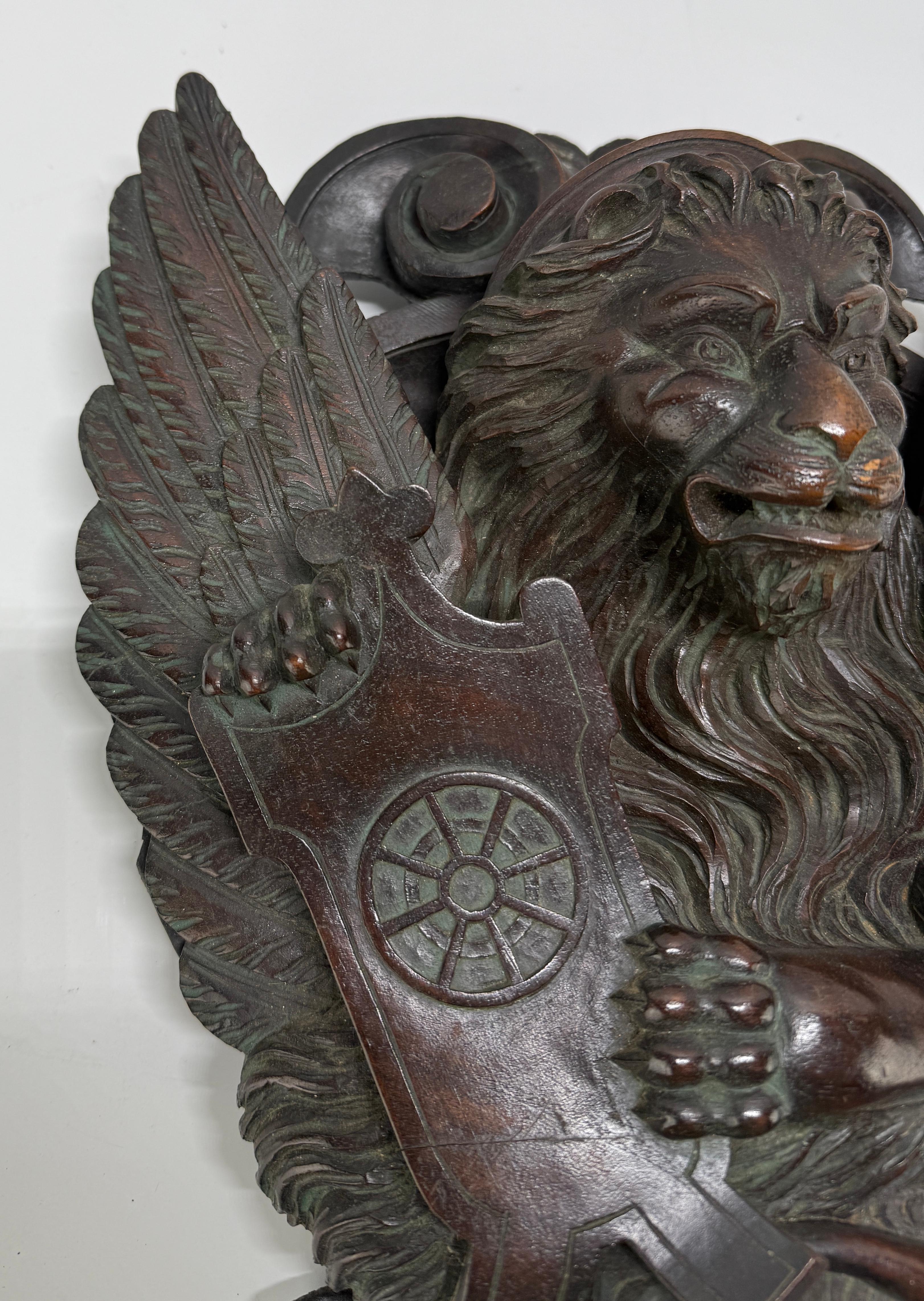 19th C Carved Mahogany Relief of the Lion of Saint Mark Wheel of Saint Catherine For Sale 2