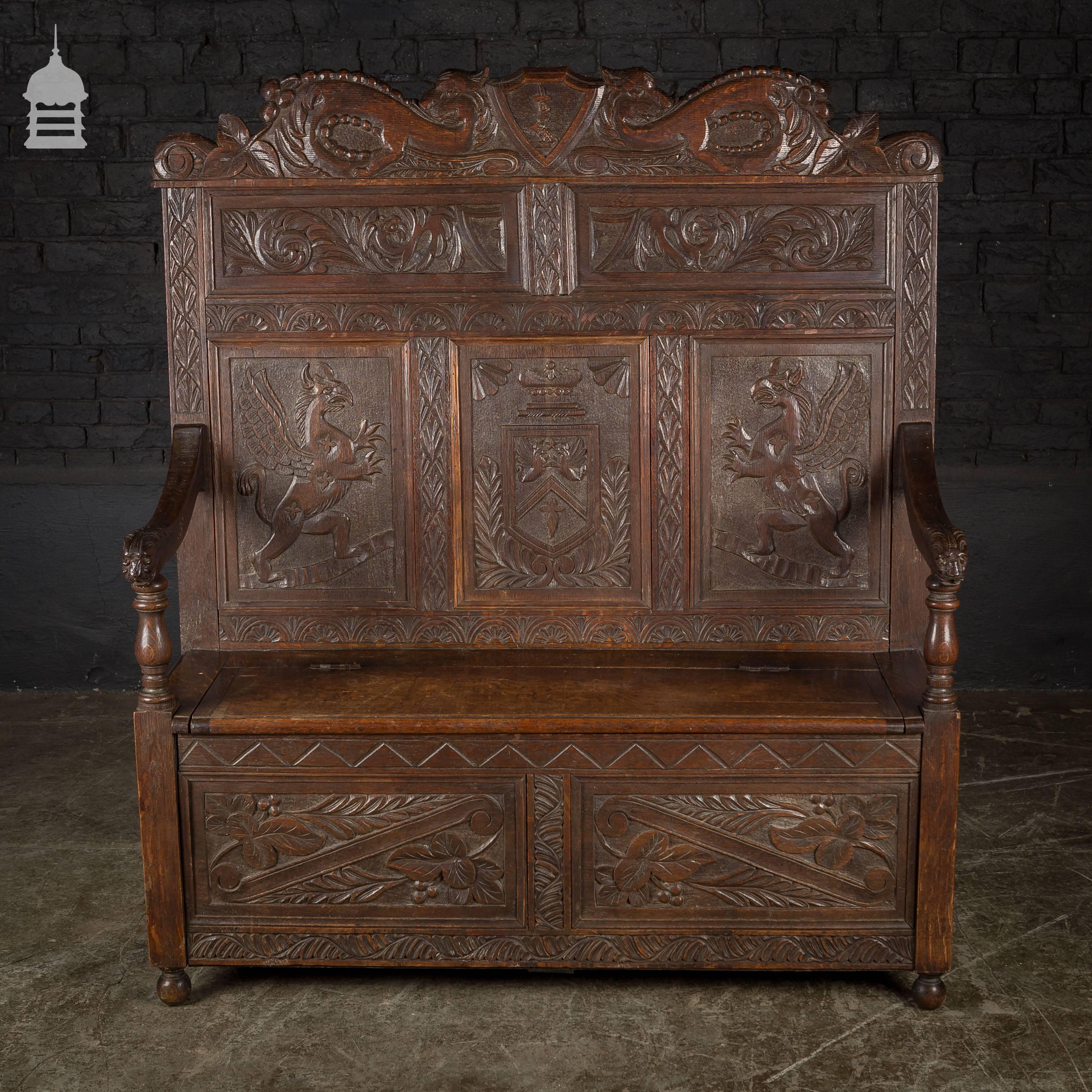 Fine example of 19th century carved oak monks bench pew settle.
