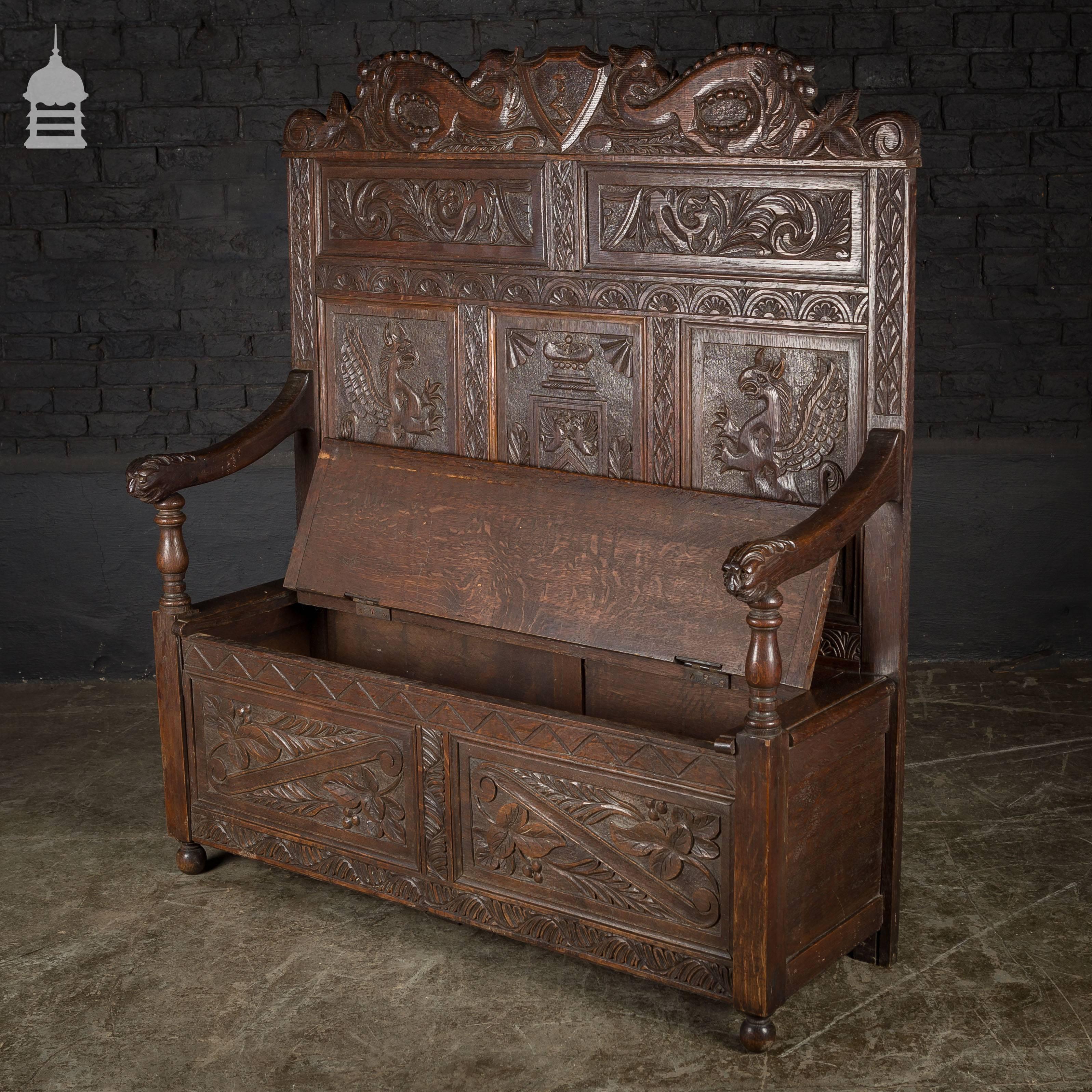 19th Century Carved Oak Monks Bench Pew Settle For Sale 2