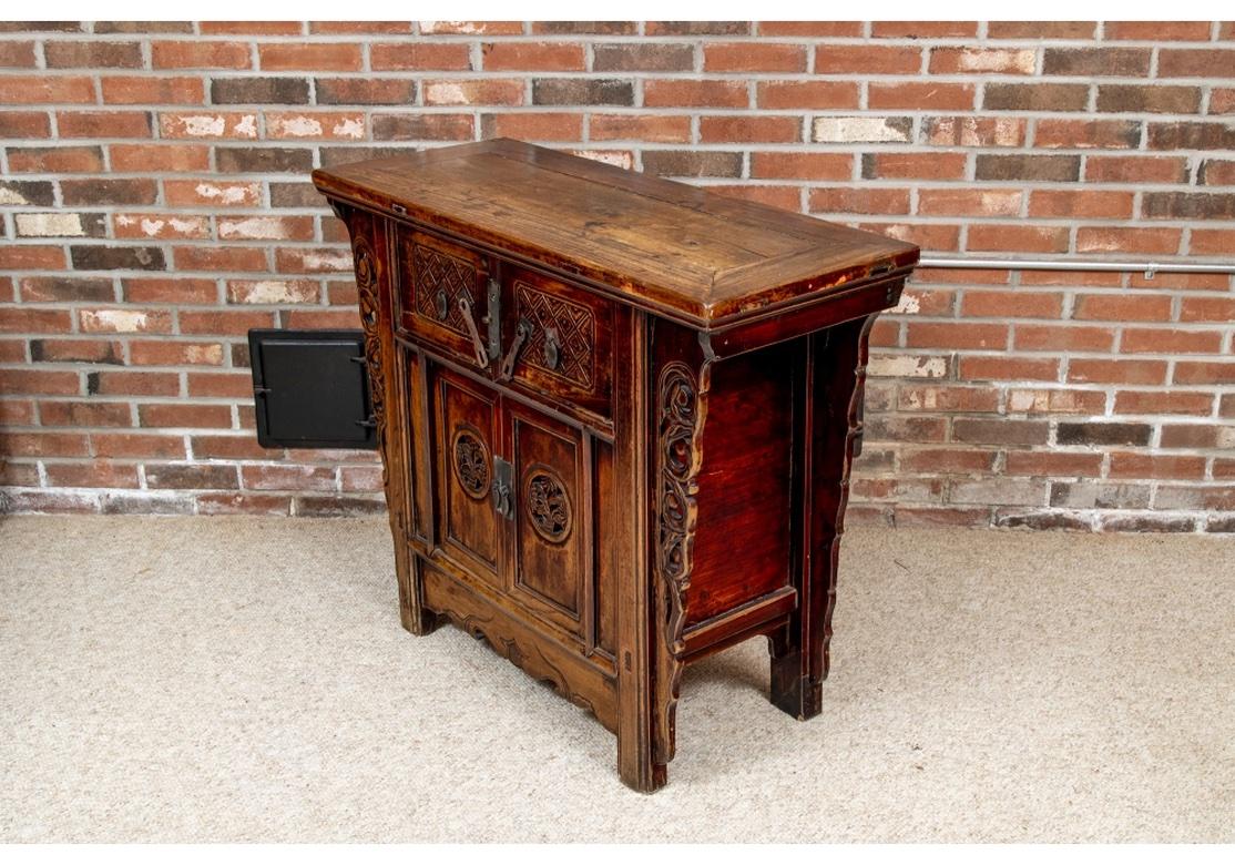 Wood 19th C. Carved Qing Period Asian Altar Cabinet  For Sale