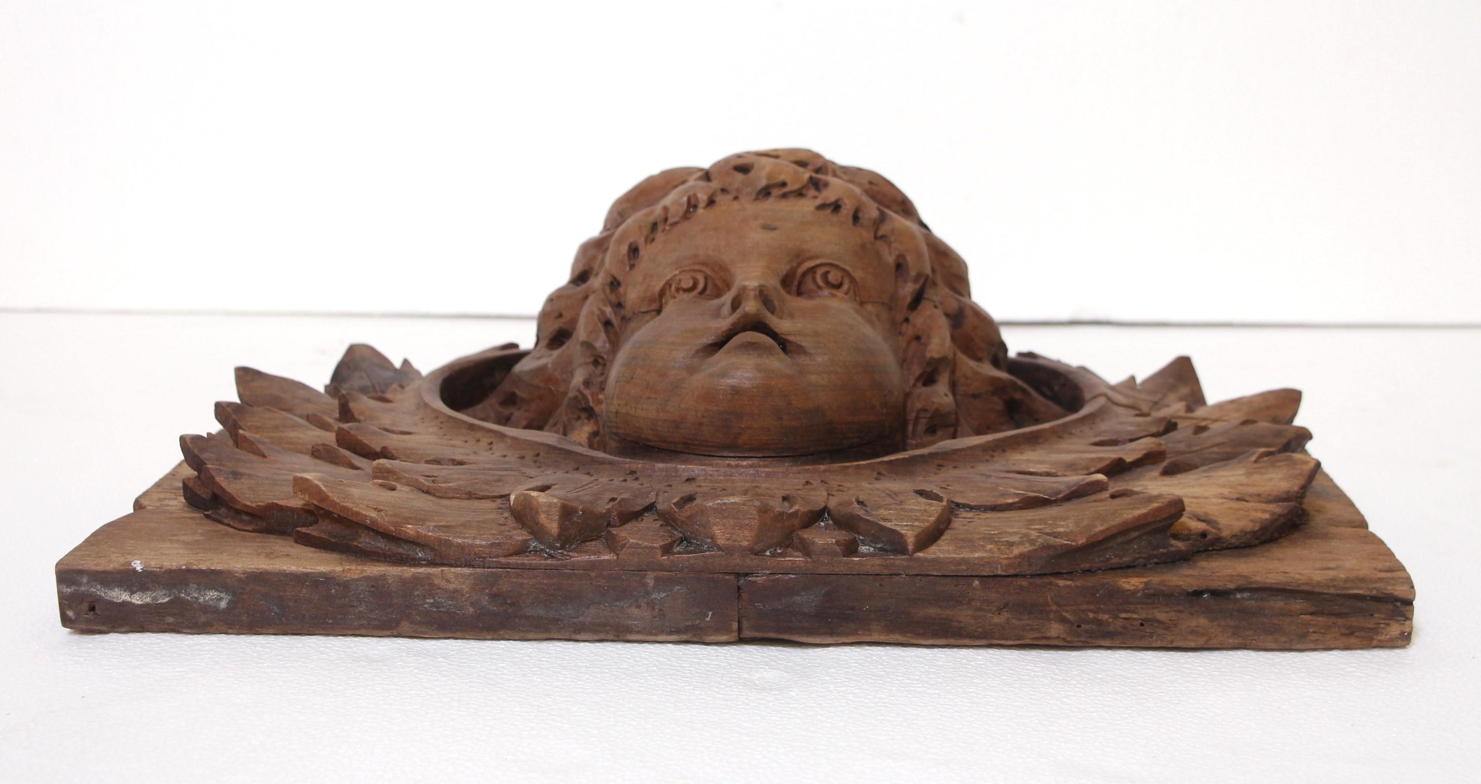 19th C Carved Wood Cherub Face Architectural Pediment For Sale 3