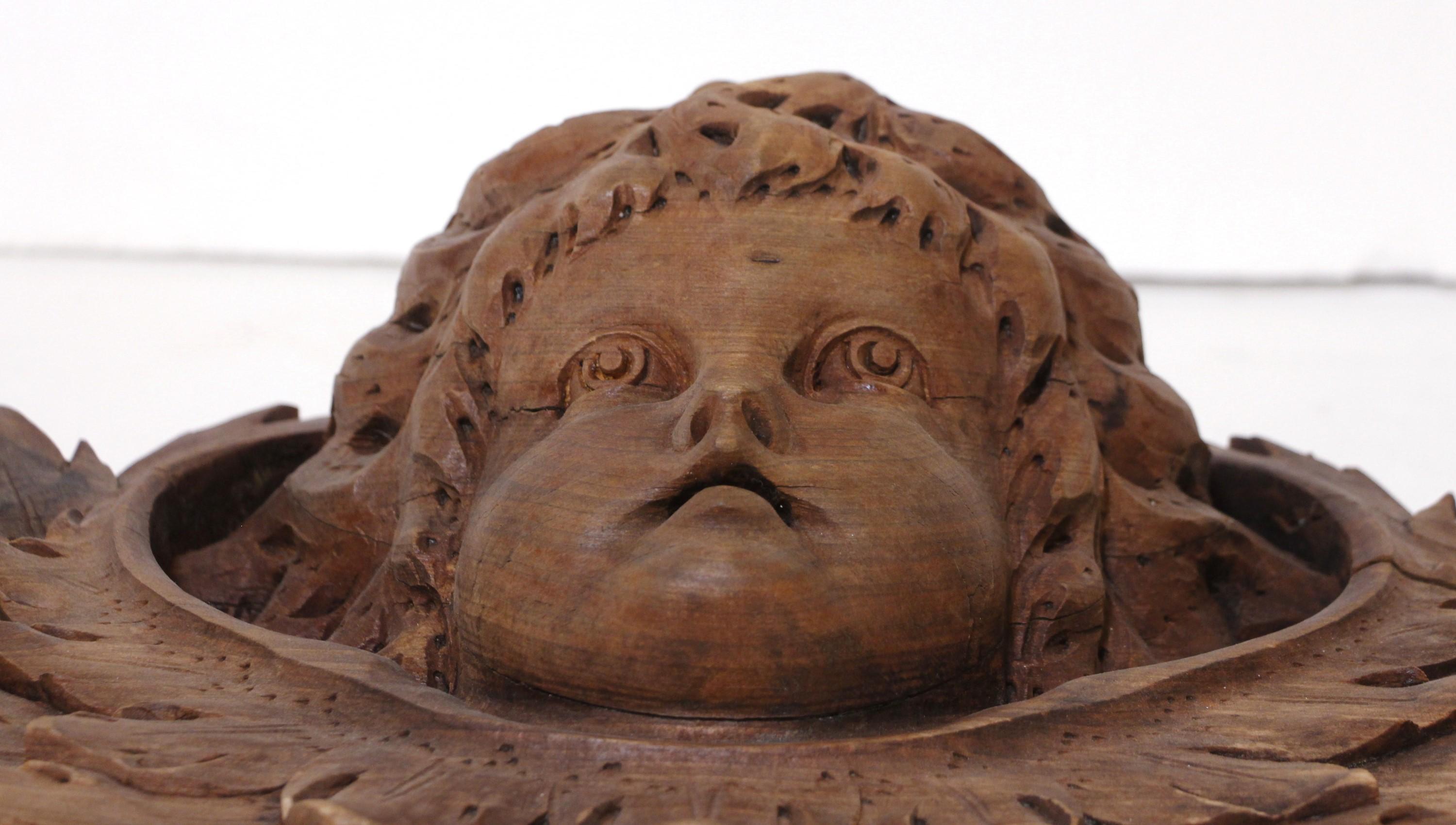 19th C Carved Wood Cherub Face Architectural Pediment For Sale 4