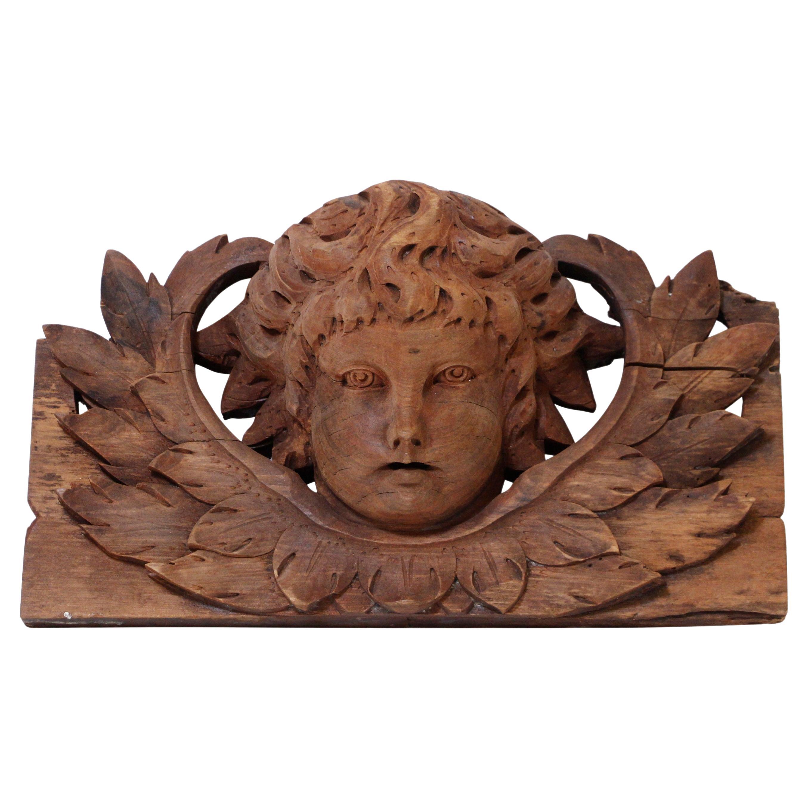 19th C Carved Wood Cherub Face Architectural Pediment For Sale