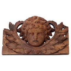 Antique 19th C Carved Wood Cherub Face Architectural Pediment
