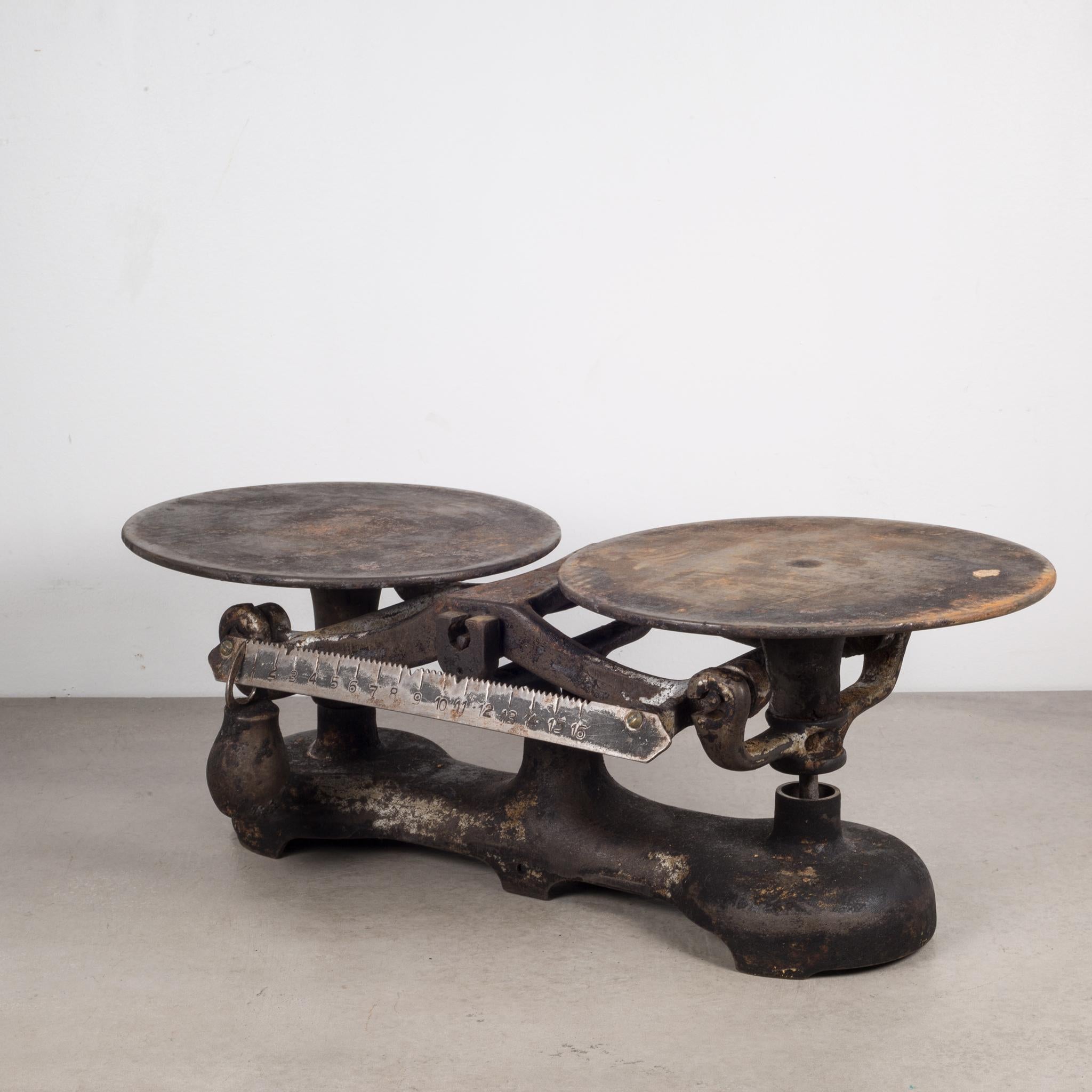 About

A cast iron balance scale with two original weights, side gauge and attached weight. The piece is solidly built and works properly.

Creator: Unknown.
Date of manufacture: circa 1800s.
Materials and techniques: Cast iron.
Condition: