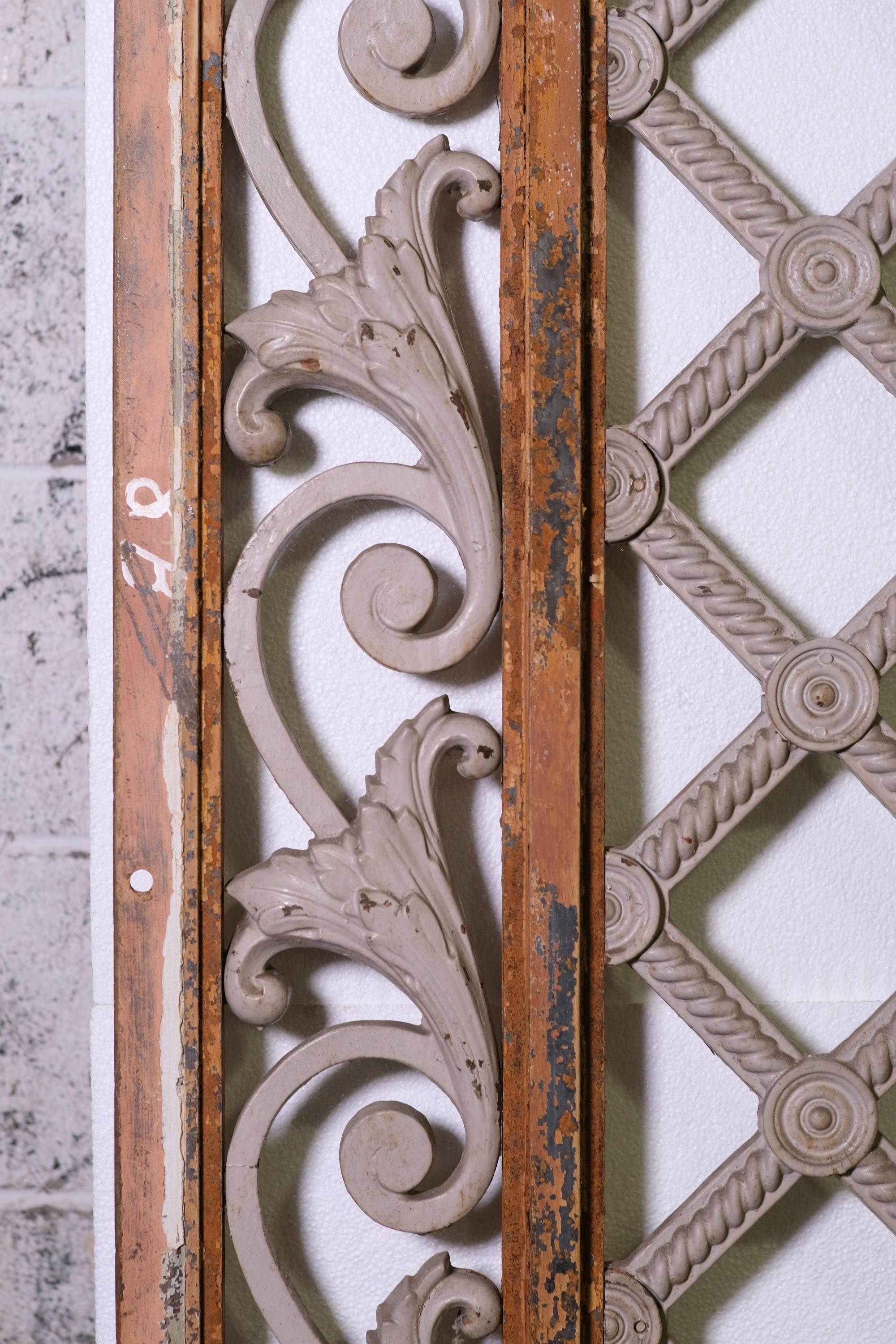 19th Century Cast Iron Floral Lattice Window Guard Steel Roman Arch Frame 132x94