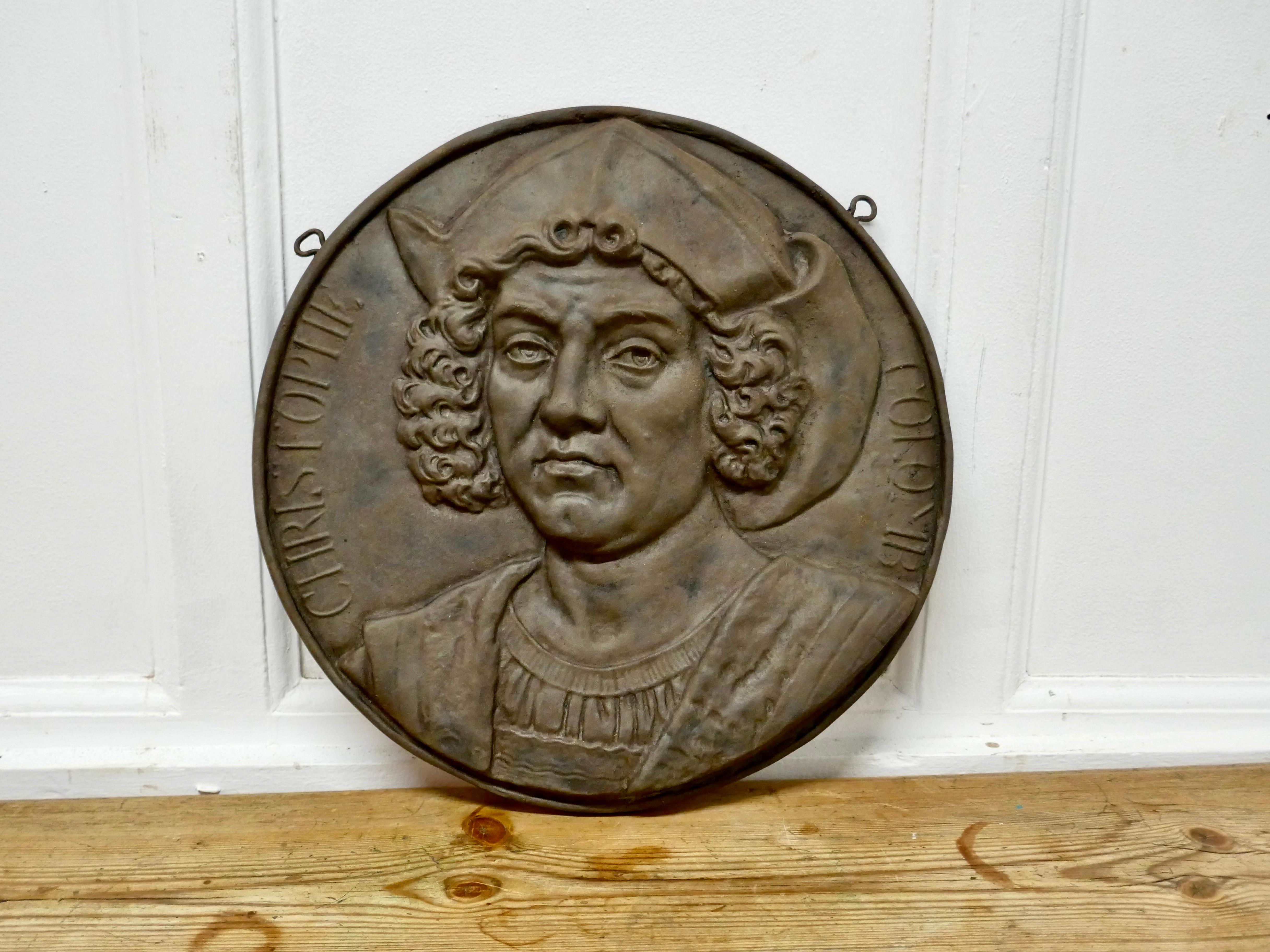 American Classical 19th Century Cast Iron Portrait Plaque of Christoper Columbus, 1451-1506