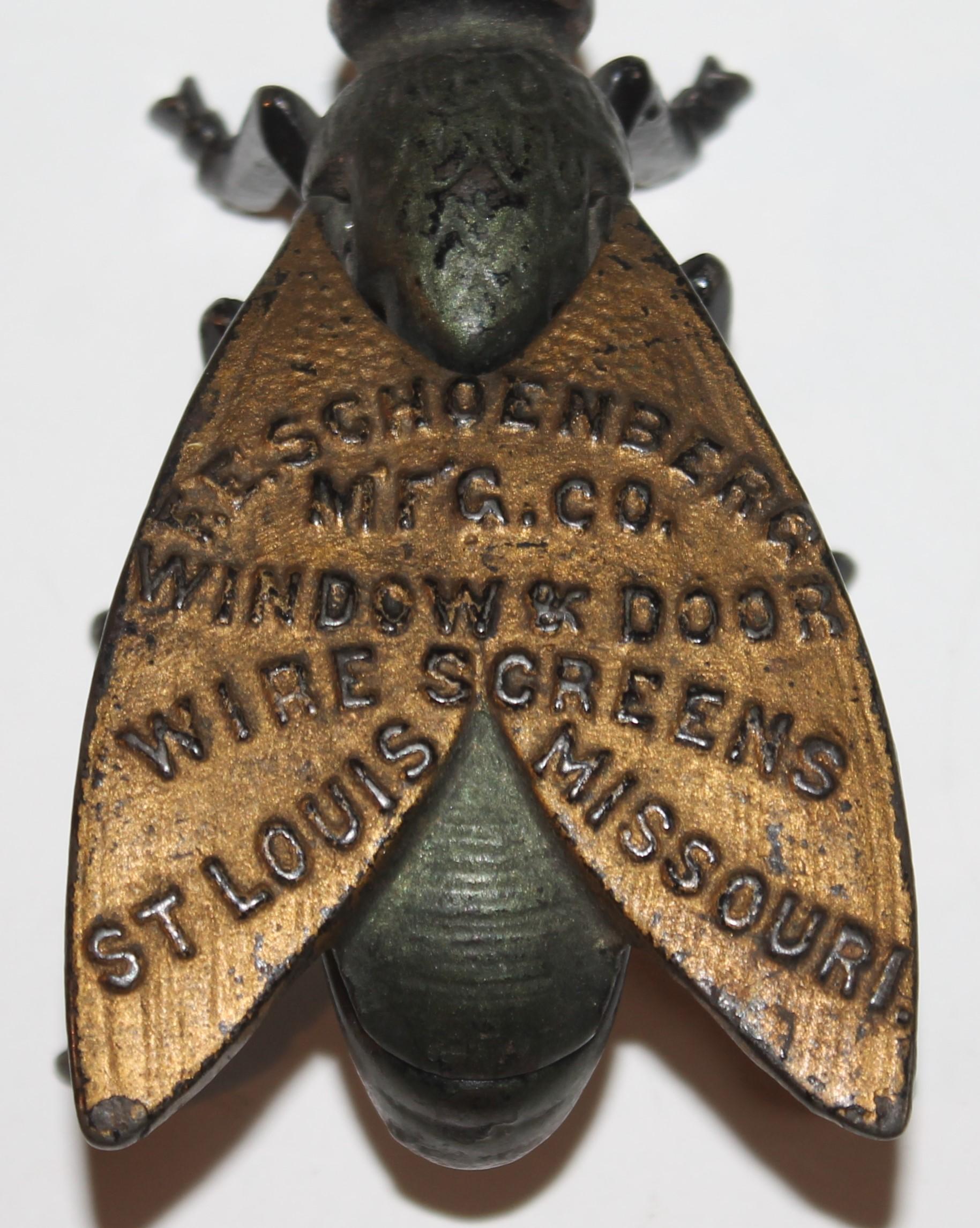 19th C cast iron fly matchstick box. Original gold enamel painted wings and black body. Promotional gift from a Screen and Door company.
Stamped on the wings F.E. Schoenberg MFG. CO. Window & door wire screens. ST LOUIS MISSOURI