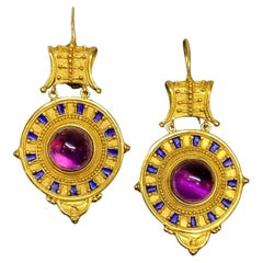19. Jahrhundert Castellani Etruskische Revival 18k Gelbgold Amethyst-Emaille-Tropfen-Ohrringe