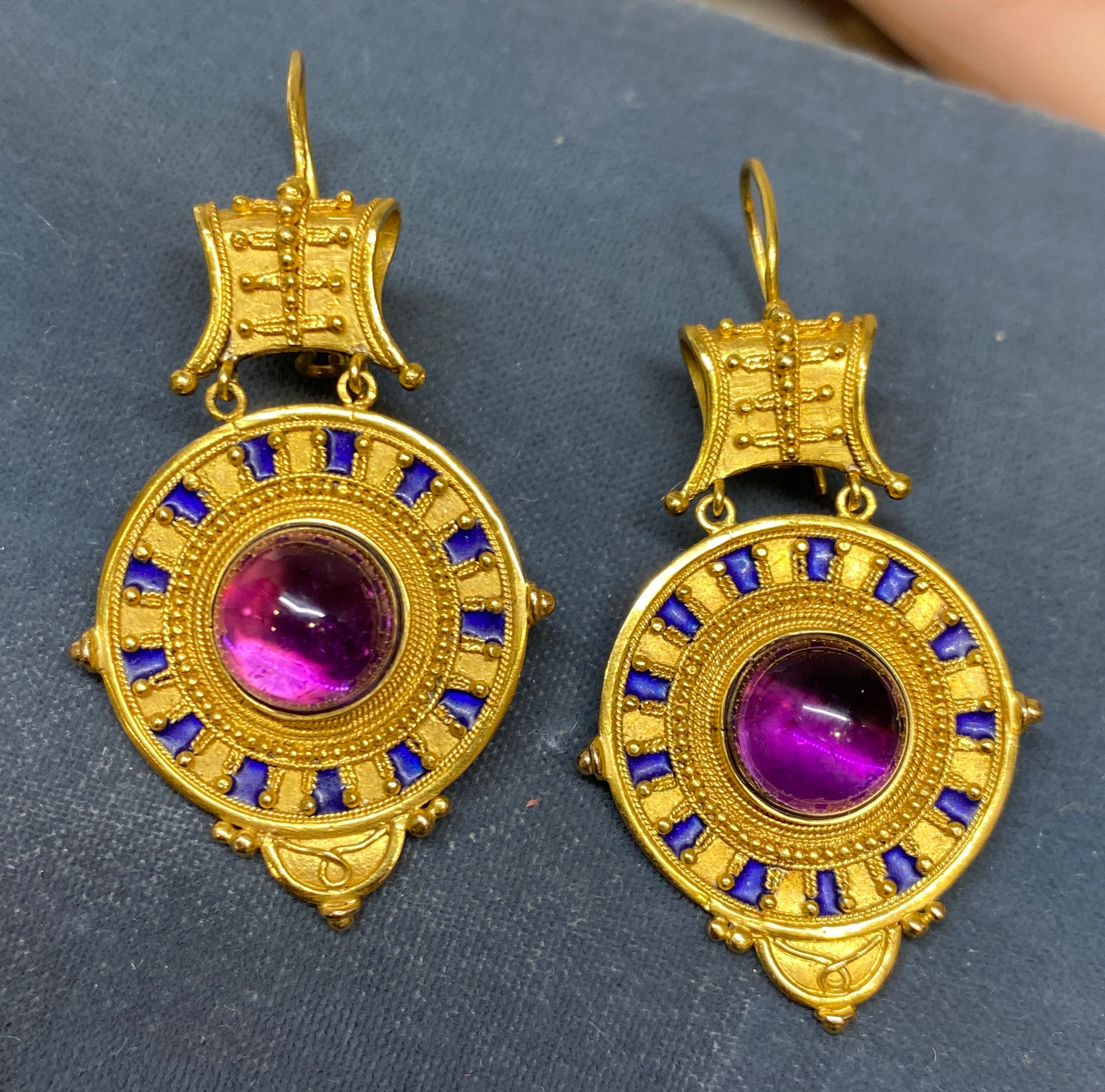 Women's 19th C Castellani Etruscan Revival 18k Yellow Gold Amethyst Enamel Drop Earrings