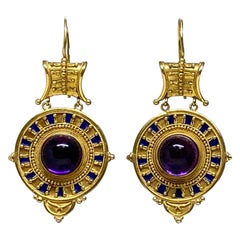19. Jahrhundert Castellani Etruskische Revival 18k Gelbgold Amethyst-Emaille-Tropfen-Ohrringe