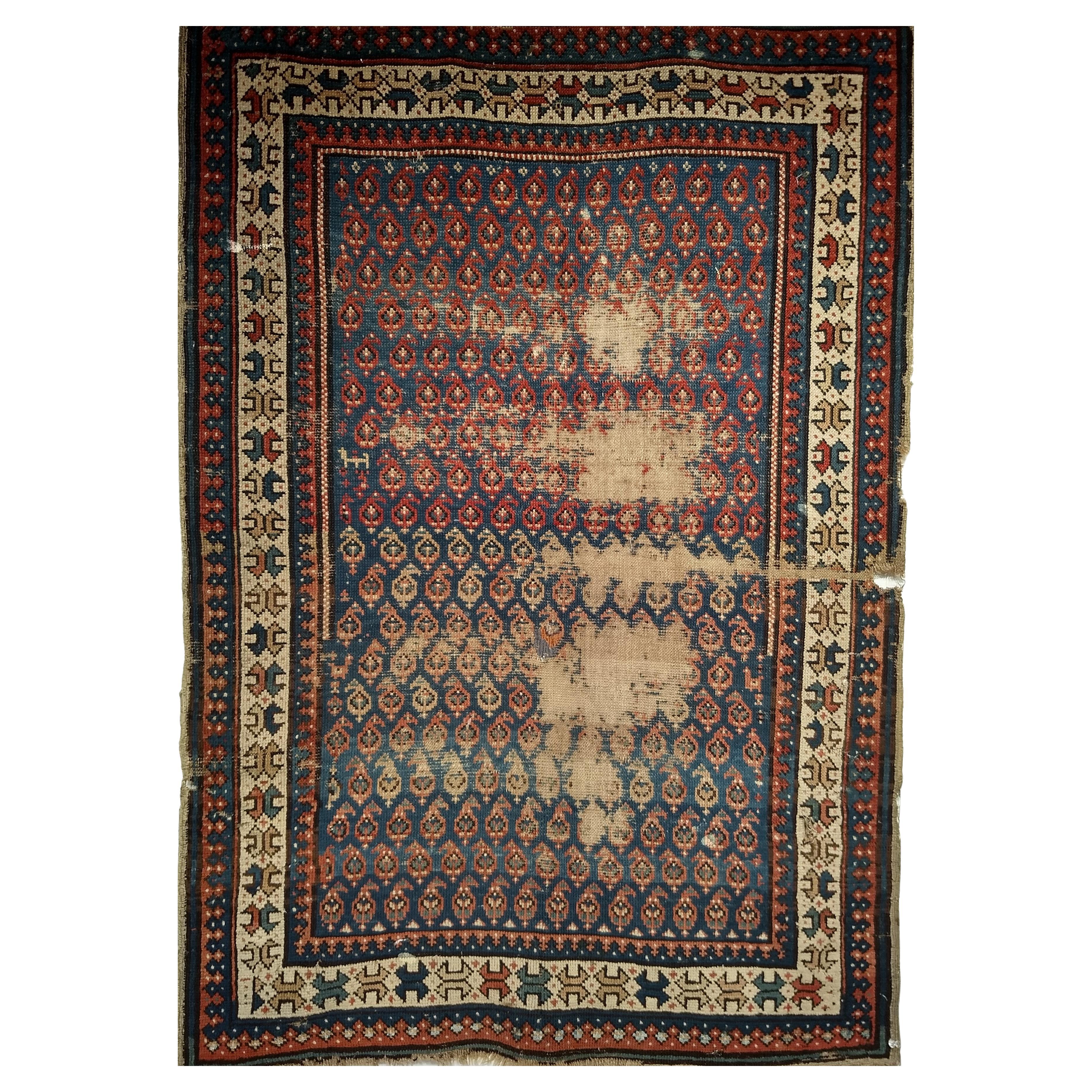 A.I.C. Shirvan Rug in Paisley Design, French Blue & Ivory, 19th C.