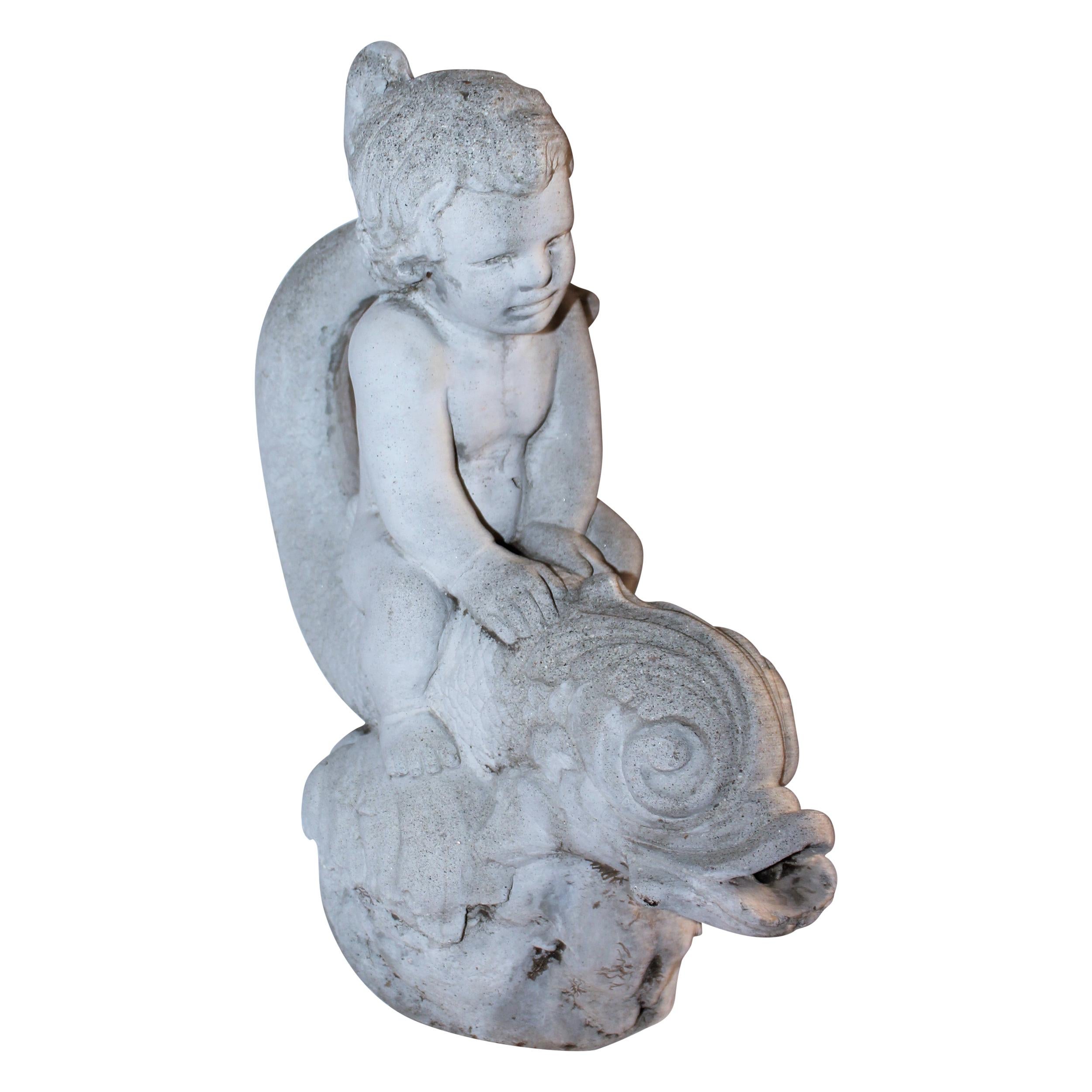 19th C Cement Fountain of "Boy Poseidon" Riding a Large Koi
