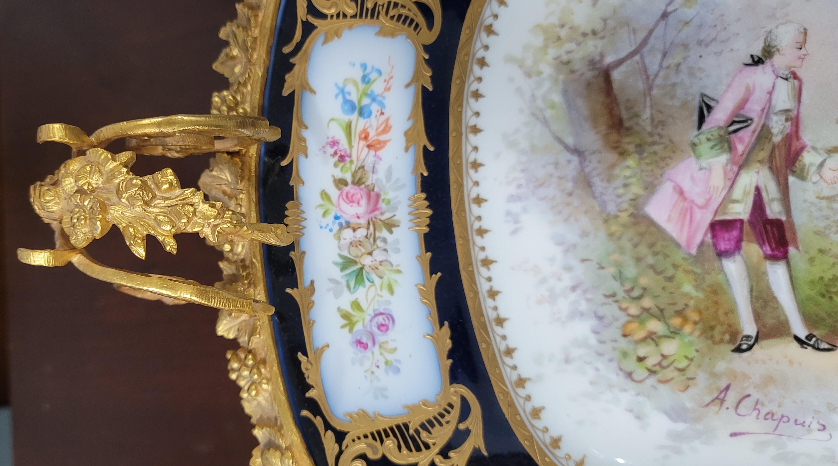 Louis XVI 19th C. Chapuis Signed Sevres Painted Cobalt & Gilt Porcelain Ormolu Centerpiece For Sale