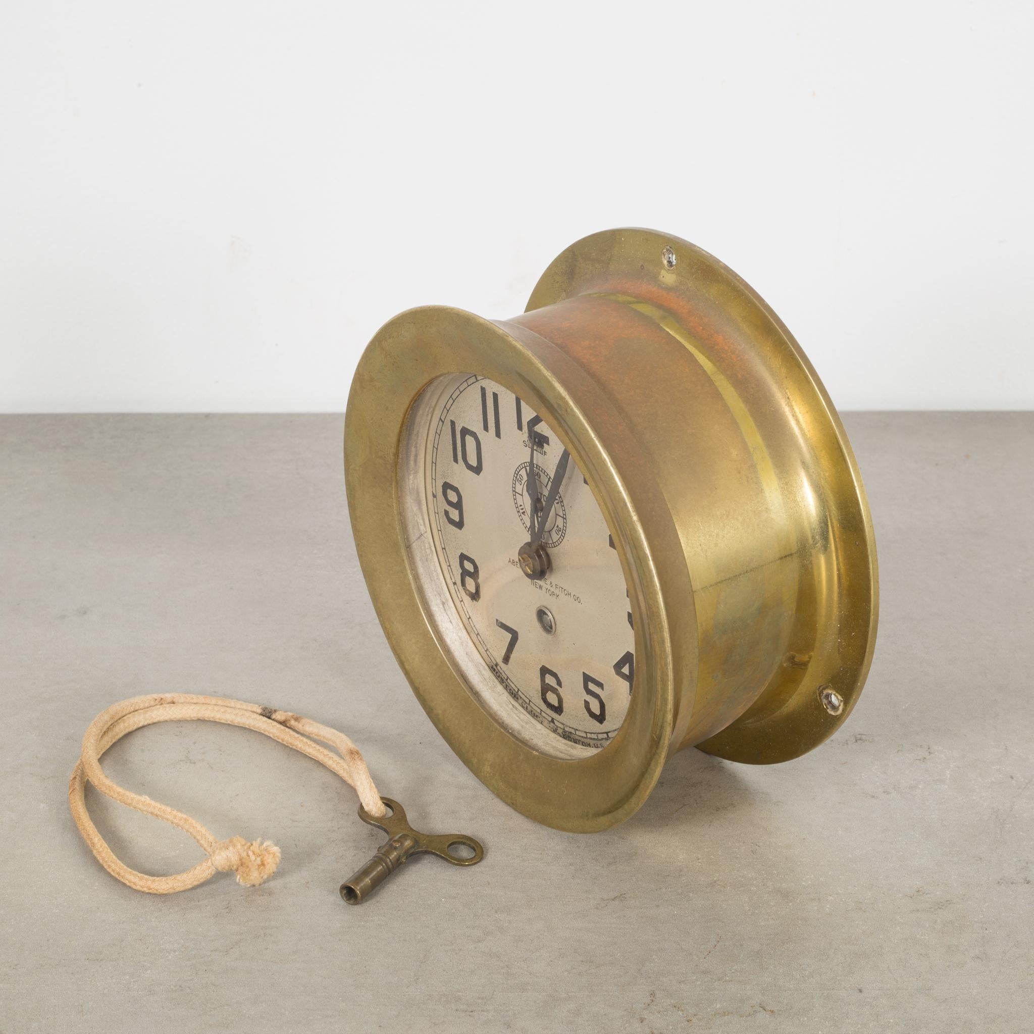 About

This is a brass Boston 8 Day clock with second hand and original key manufactured by Chelsea Clock Company for Abercrombie and Fitch Co. The face is metal with enameled numbers. The inside movement is not brass. The top unscrews for
