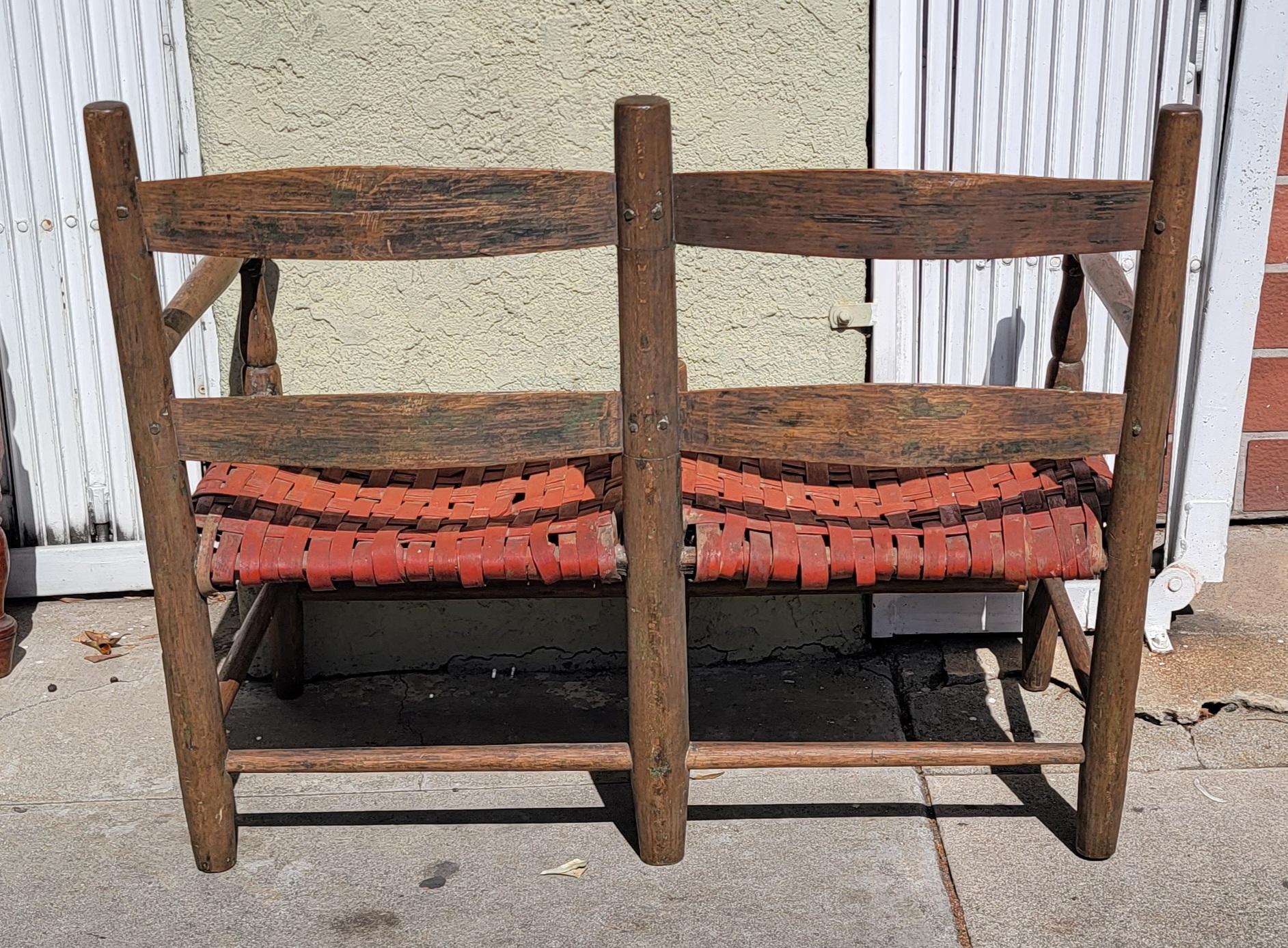 American 19th C Child's Bench with Red Woven Splint Seat For Sale