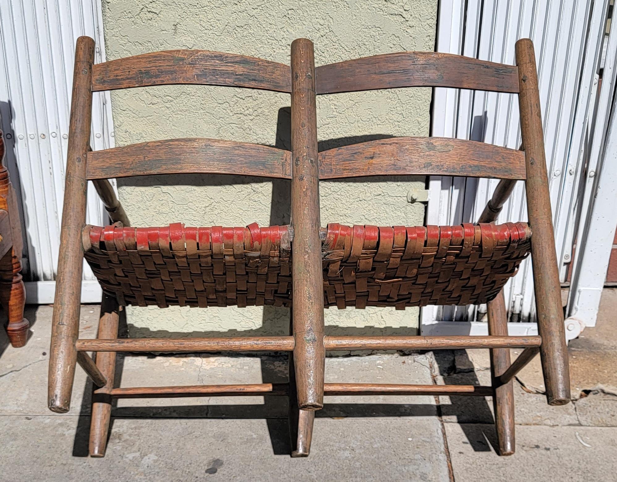 19th C Child's Bench with Red Woven Splint Seat In Good Condition For Sale In Los Angeles, CA