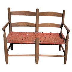 19th C Child's Bench with Red Woven Splint Seat
