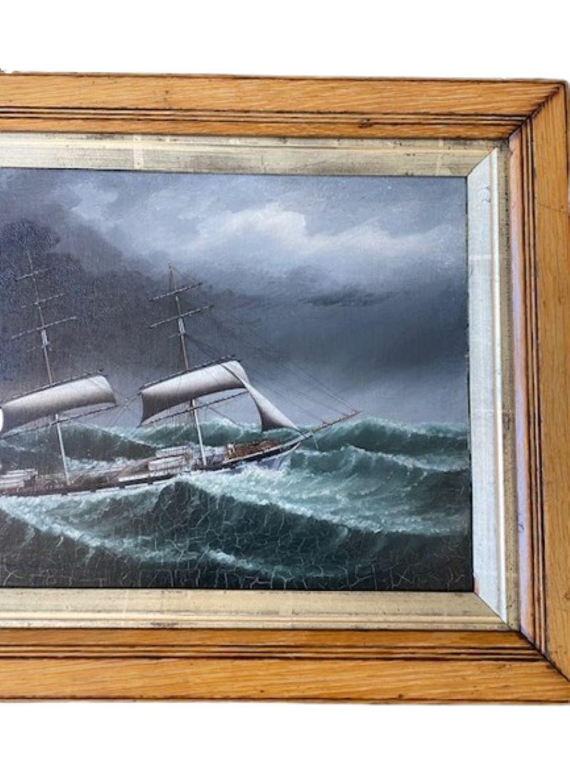 Exportation chinoise Paysage marin de Chine du 19e siècle représentant le navire Avon dans une mer agitée, par Lai Fong. en vente