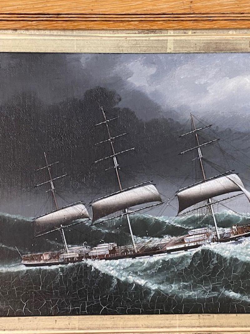 Hong Kong Paysage marin de Chine du 19e siècle représentant le navire Avon dans une mer agitée, par Lai Fong. en vente