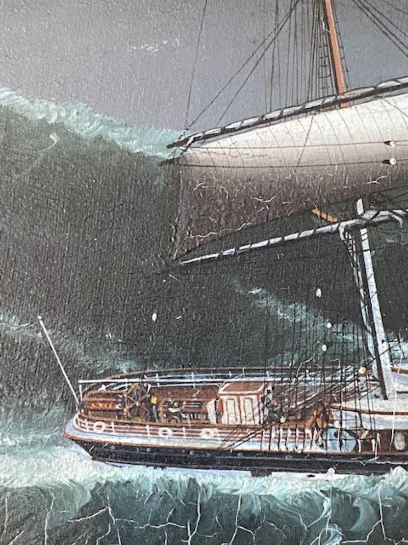 Peint à la main Paysage marin de Chine du 19e siècle représentant le navire Avon dans une mer agitée, par Lai Fong. en vente